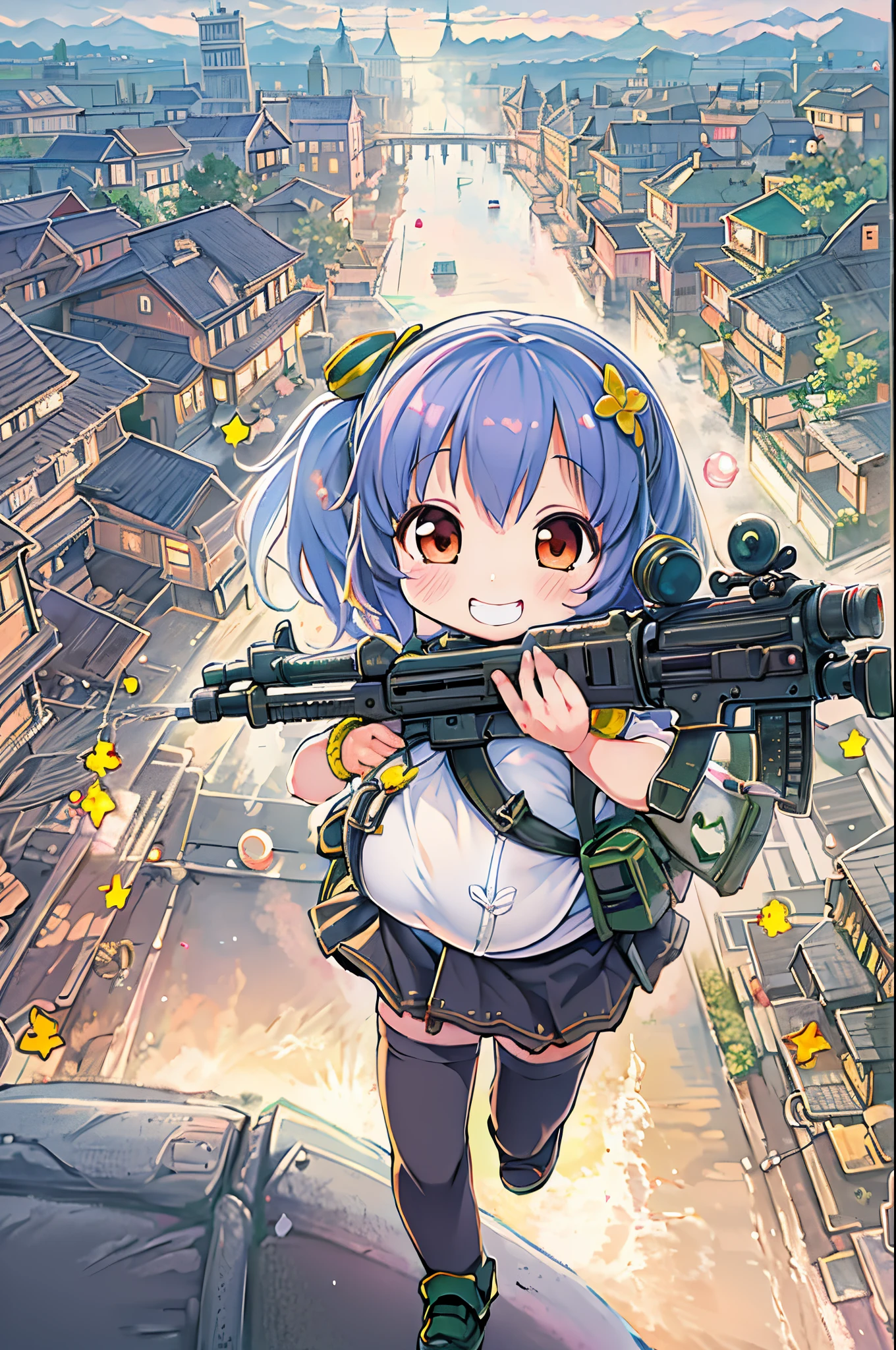huge-breasted、kawaii、8 years old girl、A huge smile on my face,Chibi, beautiful anime scene, Anime landscapes, Anime Background, Beautiful anime scenery, Beautiful peace scenes in anime, Huge assault rifle