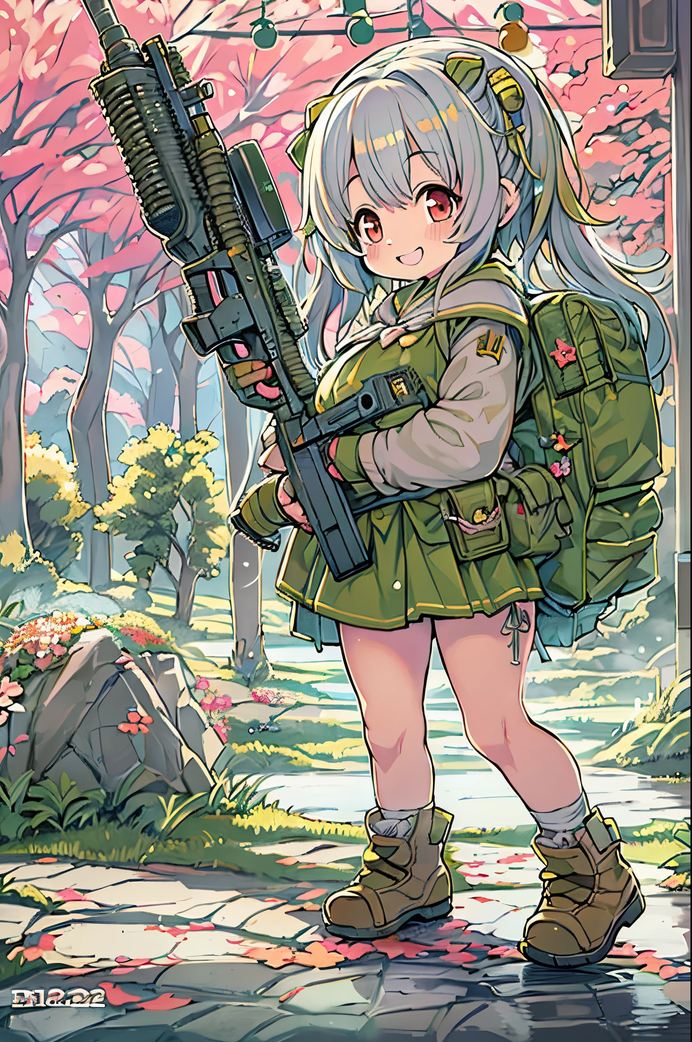 huge-breasted、kawaii、8 years old girl、A huge smile on my face,Chibi, beautiful anime scene, Anime landscapes, Anime Background, Beautiful anime scenery, Beautiful peace scenes in anime, Huge assault rifle