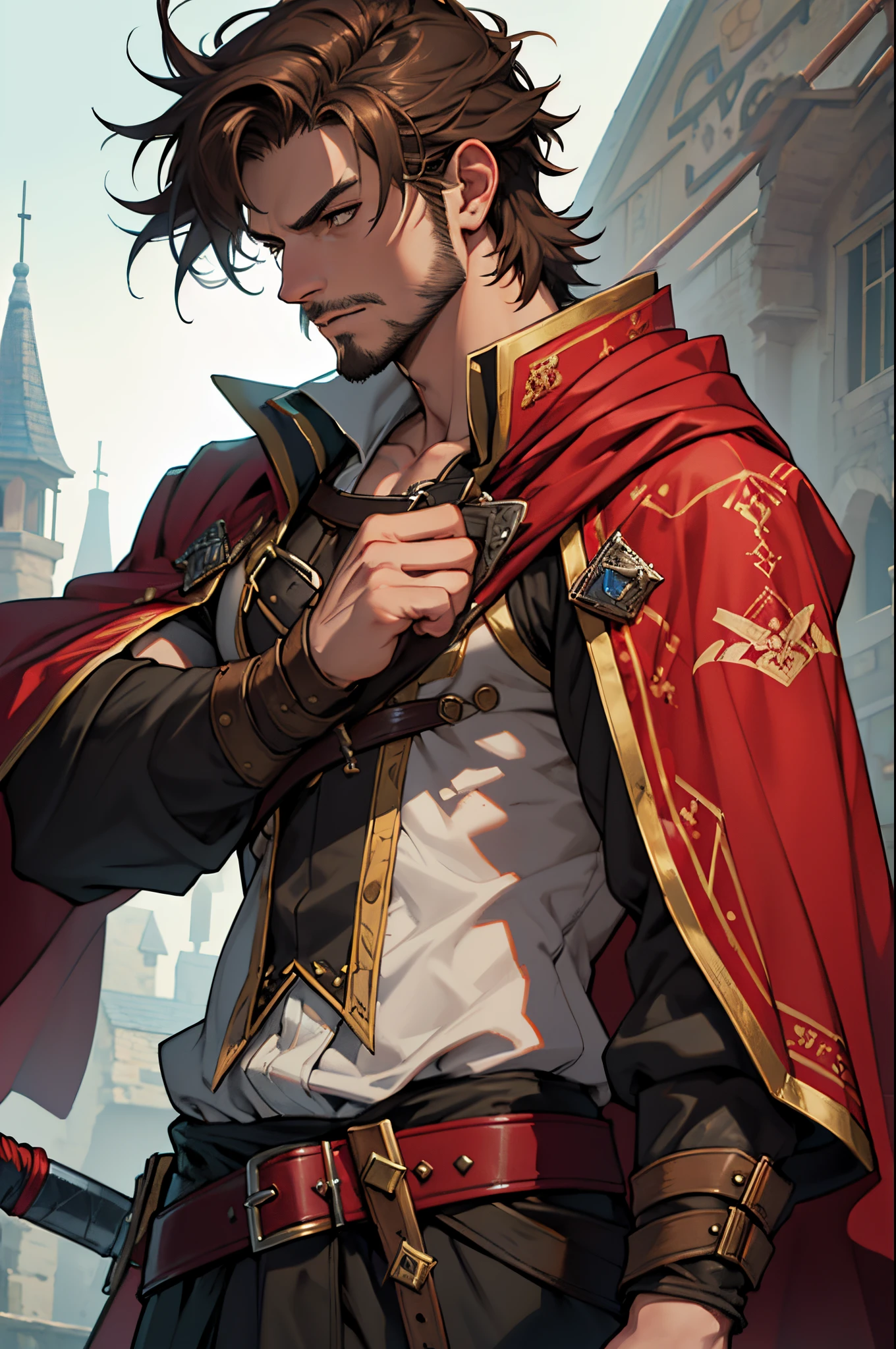 beste-Qualit, tmasterpiece, extra high resolution, Detailed, realisti, 独奏, Dark Fantasy, Depth of field, person, man with stubble, warrior, swordswoman, flesh-colored skin, short brown hair, Medieval times, fantasy, (a pirate:1,6) with a saber, ah high, Inflated, in full height, red pirate cloak, red cape at the back, (Sabre on the belt:1,7)