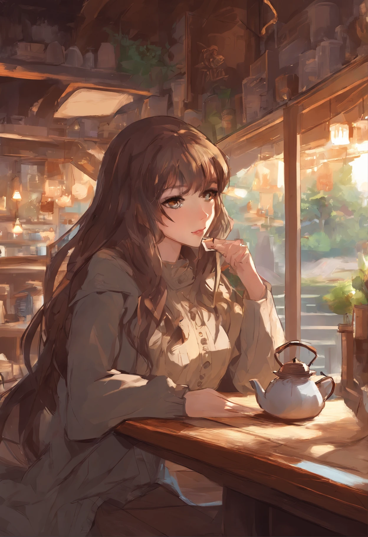 foreshortening,  depth of fields, masutepiece, Best Quality, 1girl in, Brown hair, Brown eyes,  Long hair, tea shop, Solo, Looking at Viewer, sweater girl ，Relax at a rural coffee shop