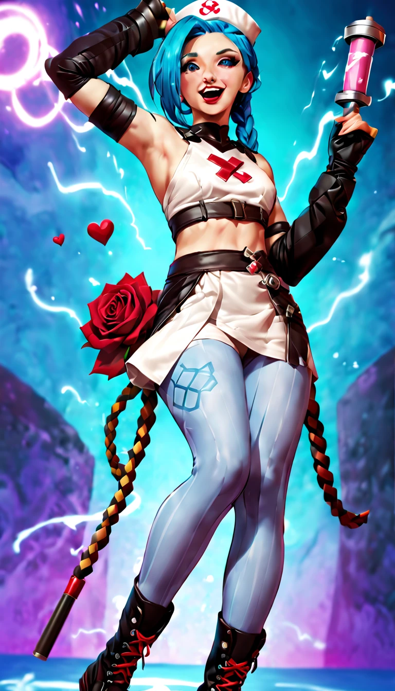 Cartoon game characters，Jinx nurse，nurse hat，(White nurse costume)，Rose tattoo，big laughter，Blue twist braid，With a huge needle，The needle stands taller than a person。Runaway Lori，League of Legends ，de cuerpo completo，(kneehigh boots)),purpleish color，(fishnet leggings),(standing on your feet)，The background is dark and tough，There is a sense of danger and intensity。