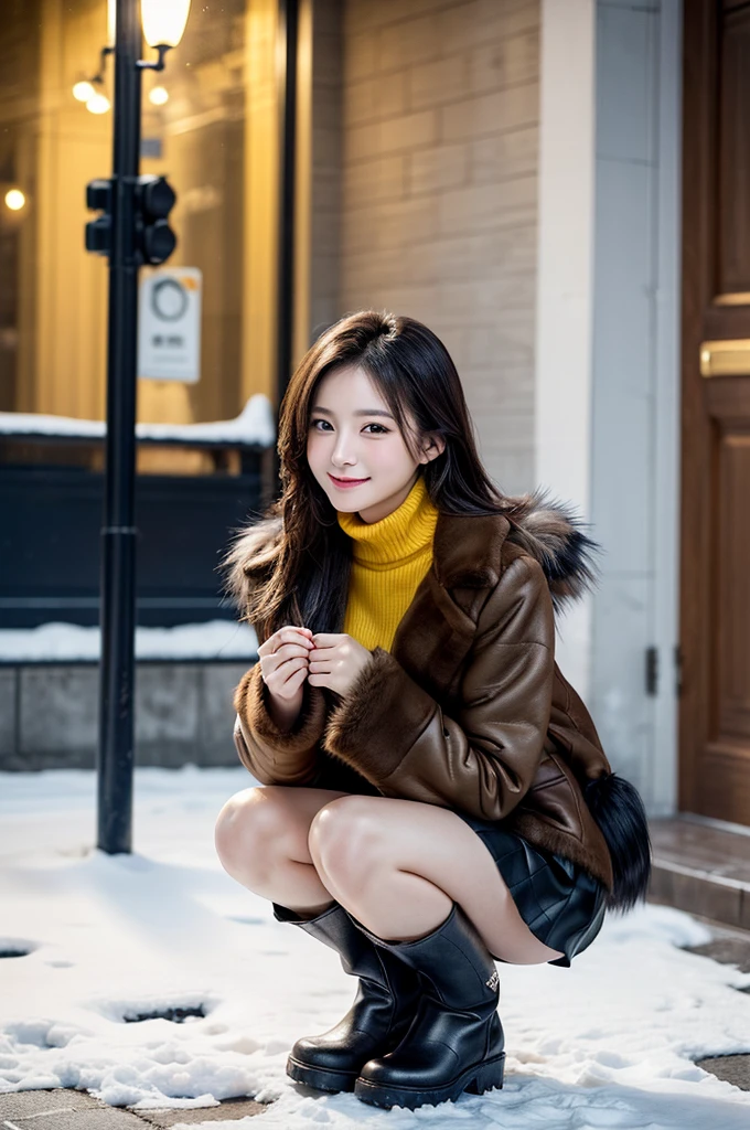(masutepiece:1.3, Photorealsitic:1.4, 8K), top-quality, masterpiece, 超A high resolution, Perfect dynamic composition, Highly detailed skin and facial texture:1.3, A detailed eye, Detailed limbs, Snow flutters:1.2, Street corner in snowy country:1.2, 1girl in, Cute sexy 22 year old slim woman, Fair skin, tilt the neck, ((voluptuous breasts:0.9), ((A smile:0.9, Totally captivates you:1.1)), (wearing a fluffy brown fur coat:1.3), (Wearing a yellow long-sleeved turtleneck sweater:1.1), (Facing the front, Squat with your knees bent), (Black short skirt, panthyhose, long boots), (Beautiful blue eyes, Eyes that feel beautiful eros:0.85), Sexy face:0.4, (A mouthfeel that feels beautiful eros:0.85), ((Too erotic:0.9))