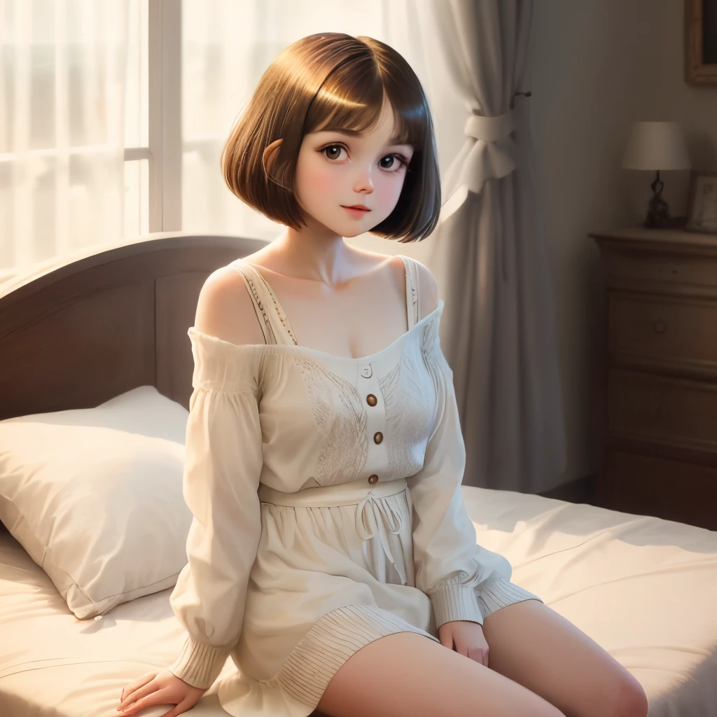 Summer knit with short hair and white, summer knit, Short hair, short hair with bangs, Cute face girl, Cute little face in portrait, French Bob, pale fair skin!!, short brown hair and large eyes, soft portrait shot 8 k, beautiful light big eyes, Beautiful young girl, Young girl in a bob cut, Top image quality, masutepiece, Notes of Leonardo da Vinci da Vinci, Set against the backdrop of Leonardo da Vinci's manuscripts,Skinny Legs,maid clothes,White panty,relaxed on bed,Happy,Chest exposed,