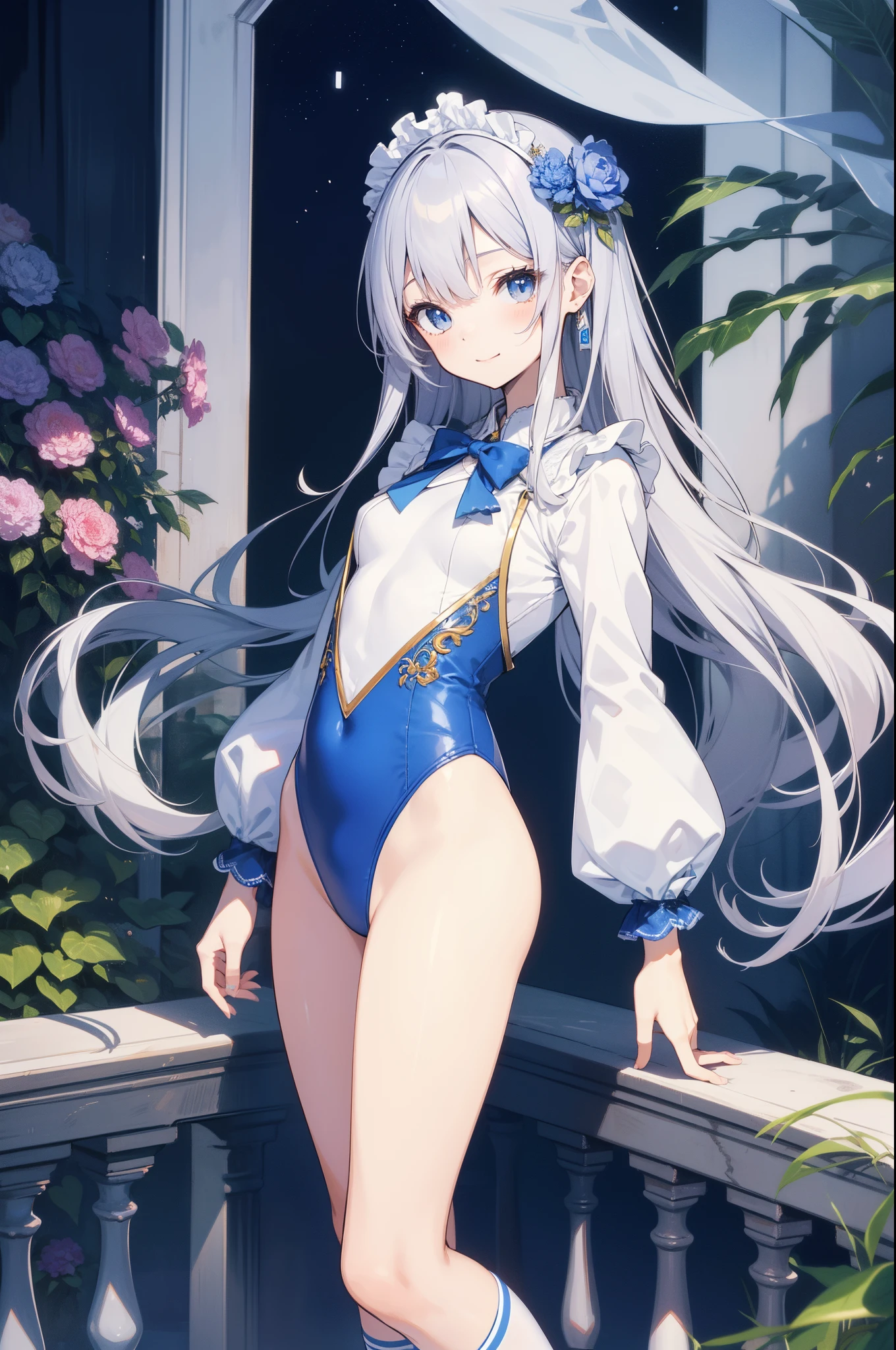 Beautiful illustration、top-quality、cute it girl、(transform sequence)、white japanese maid uniform、((Blue leotard))、10y old、elementr beautiful girl、Fractal Art、baby-face、silver straightg haiautiful detailed blue eyes、kindly smile、Full body display、Western-style garden、(1人)、long-sleeve、Beautiful garden、(knee high socks)、is standing、(highleg)、