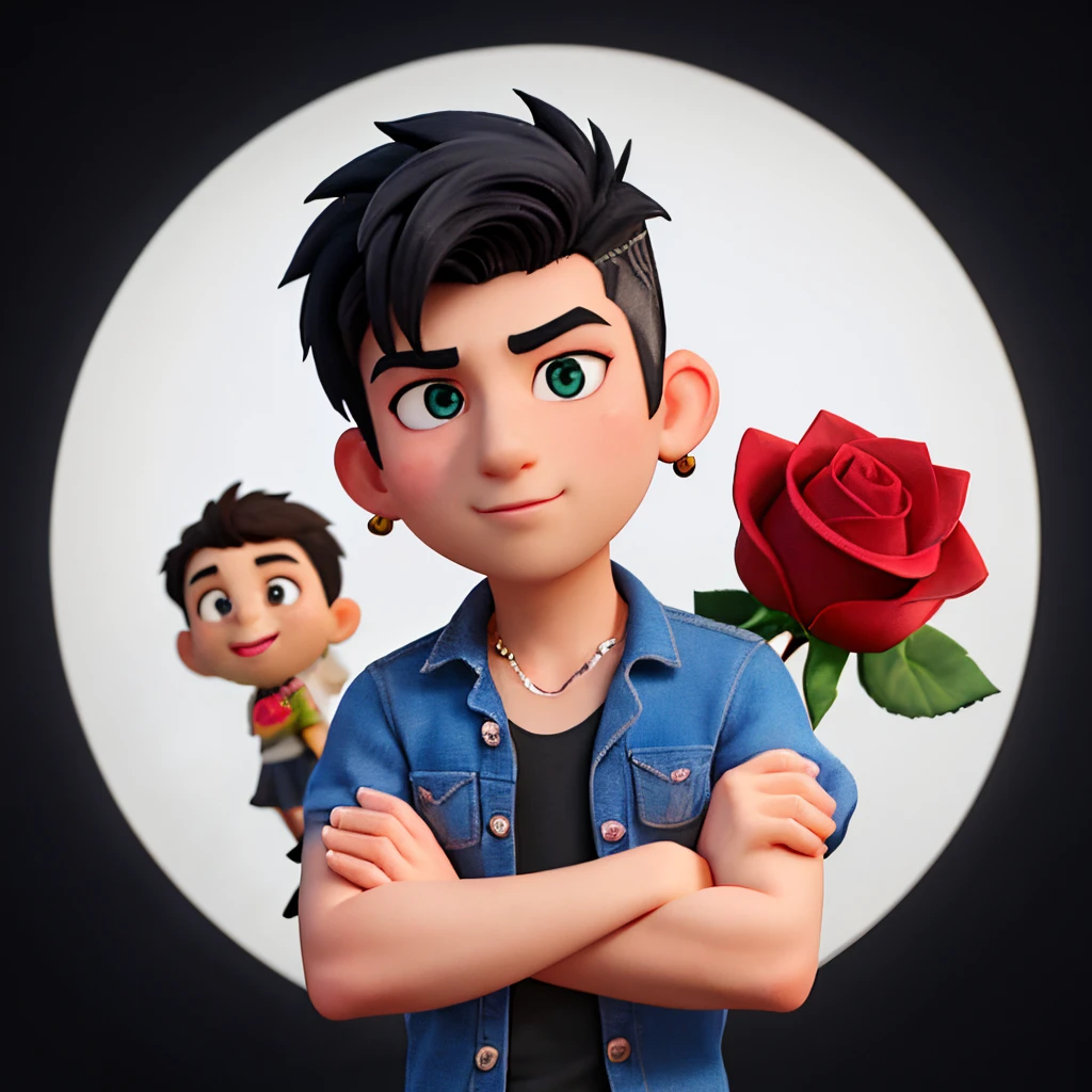 Make me look like I’m in a Disney Pixar film I’m 17 years old I have a dragon tattoo on my left forearm about 30cm and a tattoo on the inside of my right arm of a beautiful red rose I have black hair and diamond earrings and I’m handsome and I’m a boy I’m white I have a messy fringe and undercut hairstyle make me look like a Disney movie character