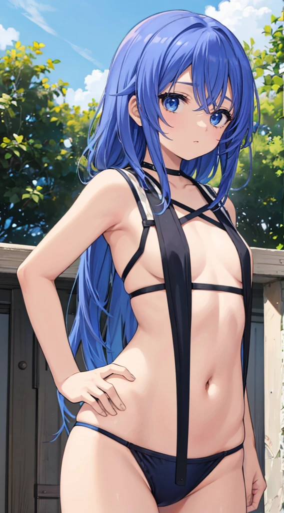 solamente,Facing angle of view,cabello azul,Peinados cortos,Bob Cabello、big-headed、Bobhair、atajo, pelo azul, ojos de color azul,pelo largo, pelo con trenzas gemelas, With sleepy face, hosco,swim wears、El bikini、tiny breast,、muslos muslos muslos muslos muslos、standing athletic pose,fondo blanco,Fondo simple