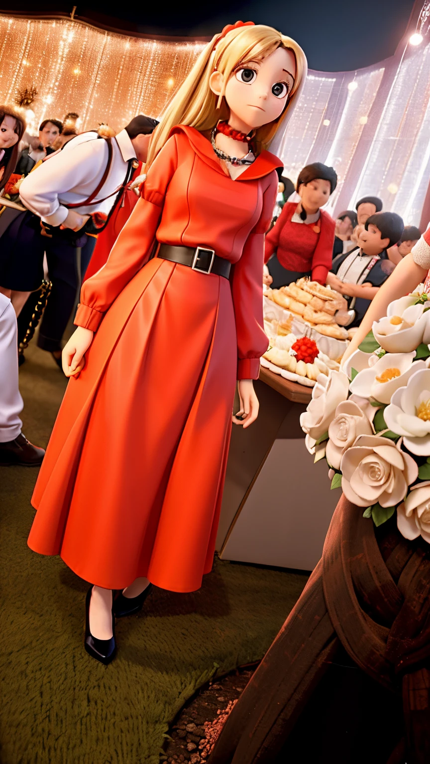 A girl wearing red all covered simple red dress with goled chain belt and black heels standing in a wedding