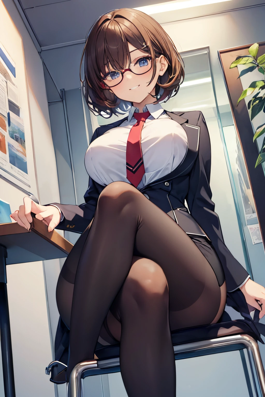 (masterpiece), (Best Quality), High resolution, Ultra Detail, photographrealistic, 8K, intricate face, Soft breasts, Narrow waist, athletic bodies, Detailed body, Detailed face, Beautiful, brown hair, short permed hair, Business Suit, pencil skirts, tie, Wearing glasses, grinning evily, Put your hand to your mouth, Dye cheeks, Sitting on a chair, cross one's legs, Office, (low angles, From below),