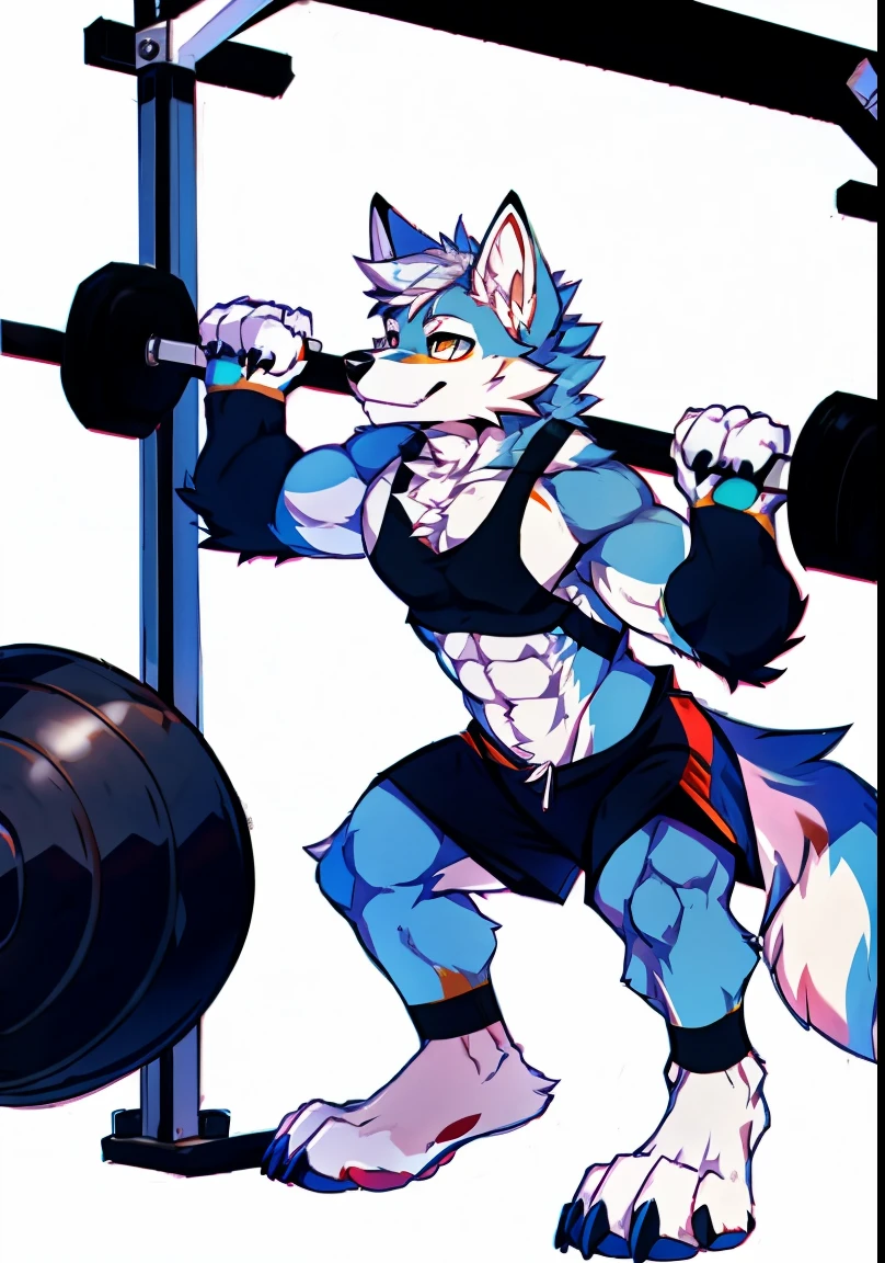Human-wolf,musculous,Full Body Furry,paws with claws,pass upright,Working out in a gym