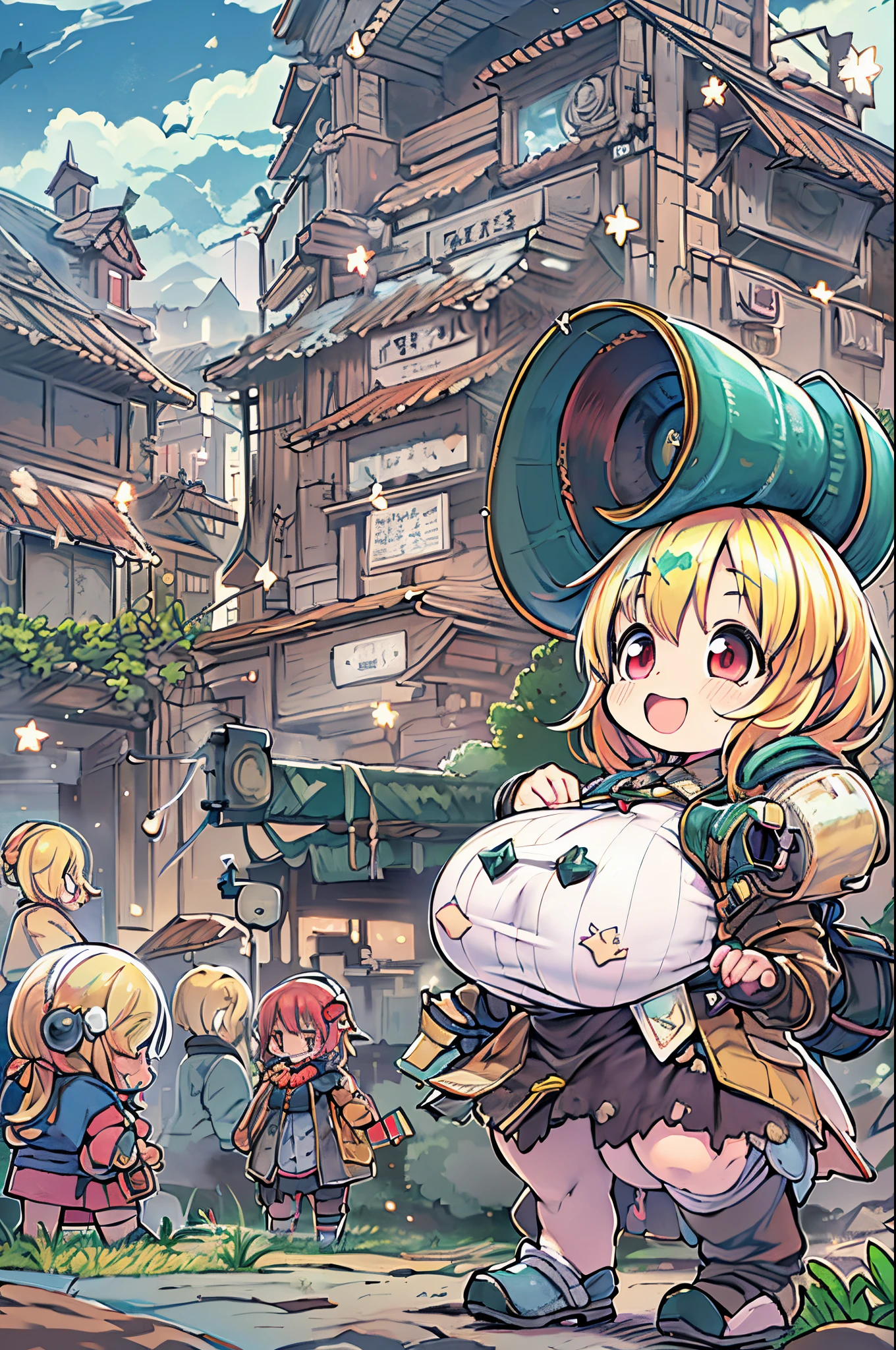 huge-breasted、kawaii、8 girl、A huge smile on my face,Chibi, beautiful anime scene, Anime landscapes, Anime Background, Beautiful anime scenery, Beautiful peace scenes in anime, Huge assault rifle