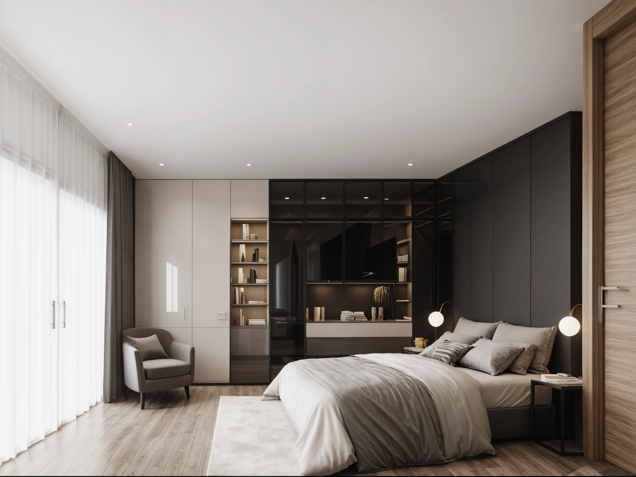 bedroom ,interior, morden, tone beige, ceiling alu oỏnate, wall white
Tone black, natural light, soft light, large glass door