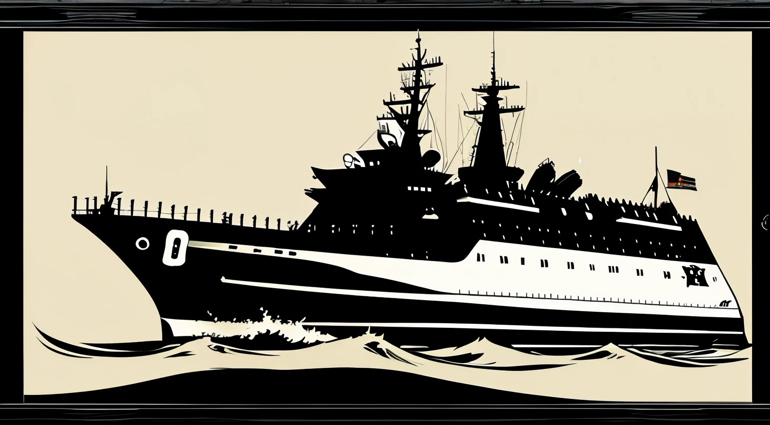 dark cartoon style,long and narrow battleship,the sideview,Sense of blow,