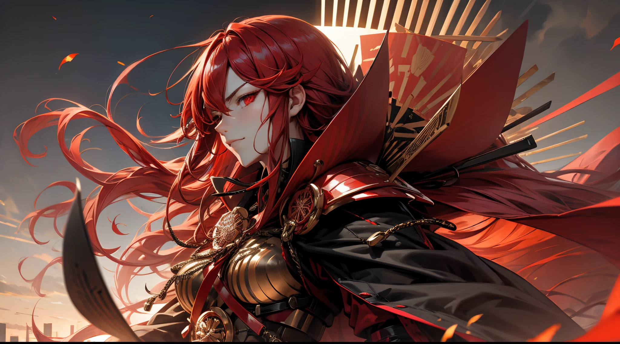 Oda Nobunaga, Fate Grand Order, red hairs, red eyes, red robot armor,  cyberpunked, Skyscrapers, Red Bicycle, natta,  Toned smile, loimu