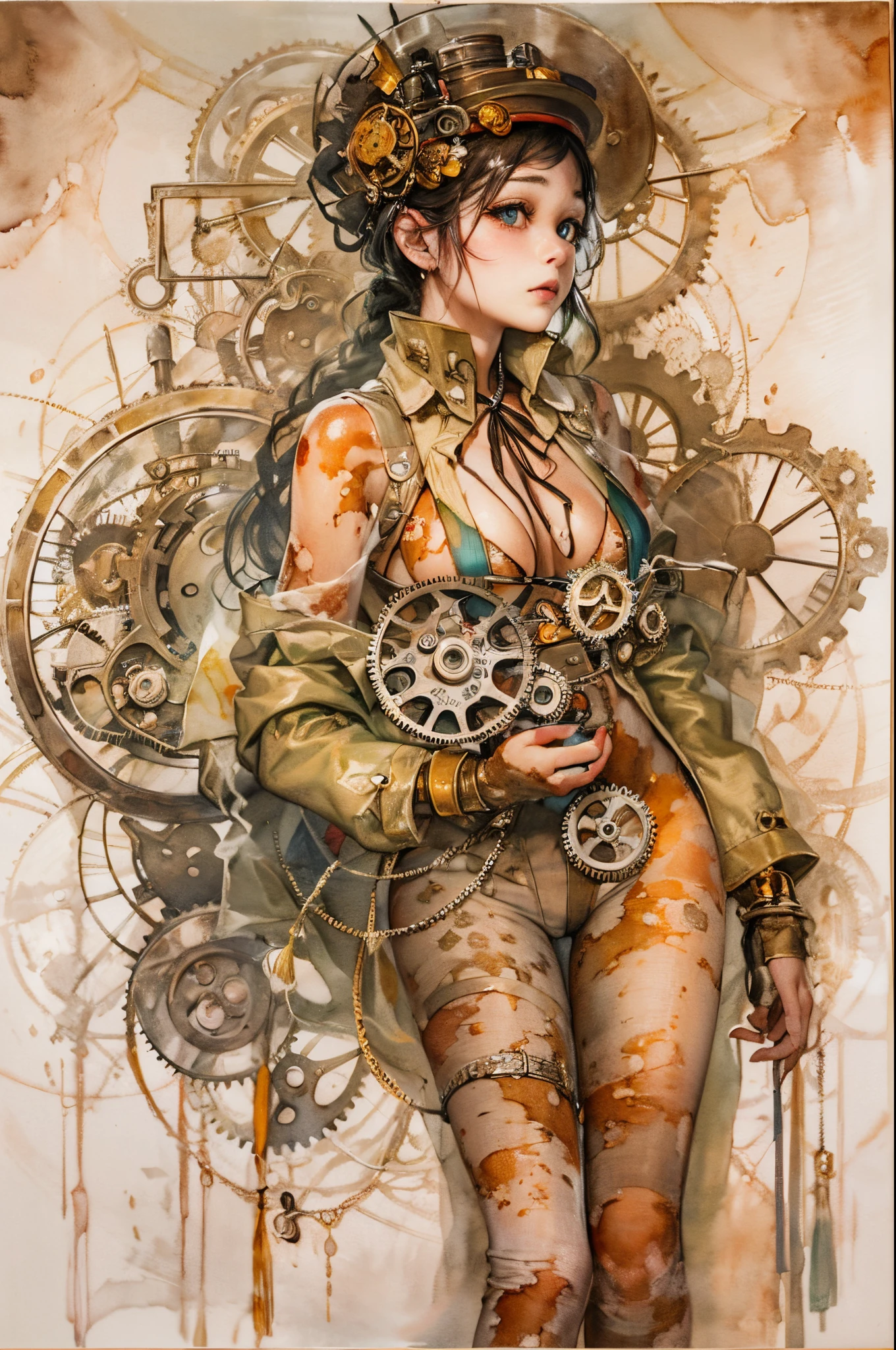 (Egon Schiele)(Steampunk world) The beautiful woman with soft light is a mechanical beauty, a spring-loaded beauty, jumbled up like the gears of a clock. Her heart explodes with energy, activating her body.(Ink on Japanese paper, which tends to bleed easily)(contemporary art like a picture book) (transparent watercolor) (light itself expressed as real) (layers of soft, rich colors) (shades of paint dissolved thinly with water) (deep, delicate colors)