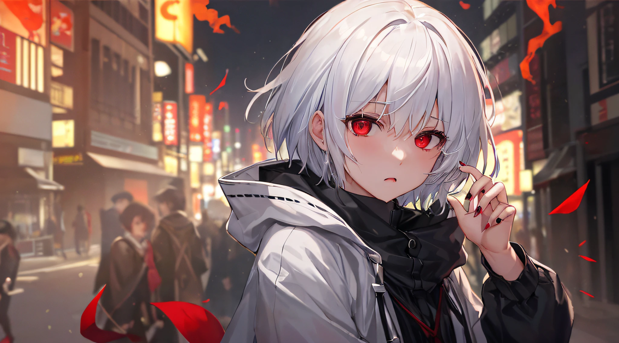 kk, Best quality at best, higher details, tmasterpiece, 1boys, Kaneki Lab, sportrait, malefocus, red eyes, Alone, By bangs, looking at viewert, hooding, short detailed hair, Sateen, tokyo tokyo \(城市\), Cover up, nail polish, White hair, posh, 8K, Detailed pubic hair, Ray traching, depth of fields, 电影灯光,