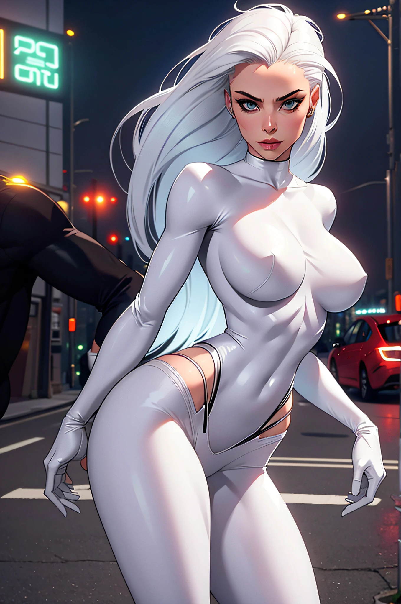 Felicia Hardy, perfect,  and lean and thin, white hair silver  clothes,  posing, model type, realistic, perfect details, nice curves, standing on a street full of cars and lights