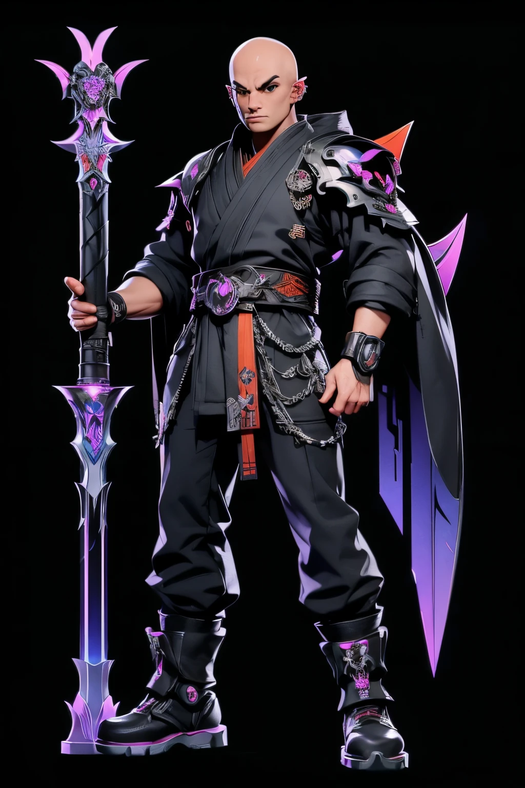 01_(Stylized character concept art), (1.full body figure), (3D character concept), (game character design).
(Description of the hero), (a young man, a Shaolin monk who combines traditional elements of ancient Chinese martial masters and modern urbanized details of appearance). (A smoothly cropped head, a piercing gaze, this is a fighter, an artist, a cyber-mage. He has a strong physique, a bald head, a strong neck, shoulders, arms, strong legs). (Dressed in a loose silk kimono, decorated with traditional Chinese patterns; flowers, peonies, skulls, birds. A wide belt girds a strong torso, the open chest is covered with rosary beads. Arms and legs are protected by combat protective elements in a futuristic style, cyberpunk, cyber fighter. ! On her feet are cool white shoes, with thick soles!). (His weapon, the magic of fine arts, is armed with a long pole, this is a technological device, vaguely reminiscent of a traditional fighting pole, metal, electronic, cyber weapons. With the help of virtual images, the Fighter Monk is able to recreate various elements in space; dragons, demons, birds, flowers, and dead people. He is depending on the level of accumulated energy and the presence of “primary elements”).
02_The image is made in the style of a concept sheet, white background, (one character, full height), weapons in hands, (spectacular dynamic - combat pose with a pole, creates a combat phantom in space). (Clothing colors, muted orange, metal elements, plastic; Cyberpunk style, future fighter).
03_Stylization, game character concept, white background, one full-length hero. Stylization; fantasy - cyberpunk, Riot Games, League of Legends, World of Warcraft. 3D character, game model, high quality – artistic hand-drawn 2D textures; (diffusion, transparency, glow, relief.) Rich, balanced color scheme, linear graphic outline in black.