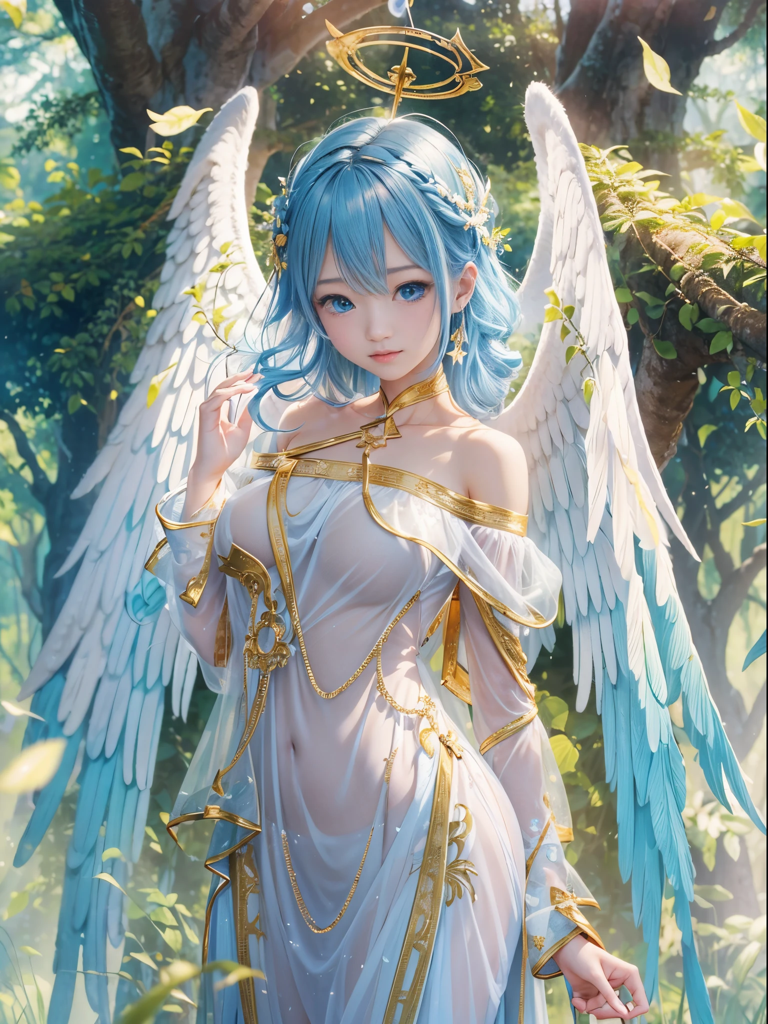 (((An angel descended from the sky)))、8k、An ultra-high picture quality、Ultra-realistic details、18year old、Beautuful Women、1人、Blue hair、slender body、large udder、Loose see-through dress、off shoulders、Golden decoration、Background with、Sunbeams shine through the leaves in the deep forest、Blur the background、