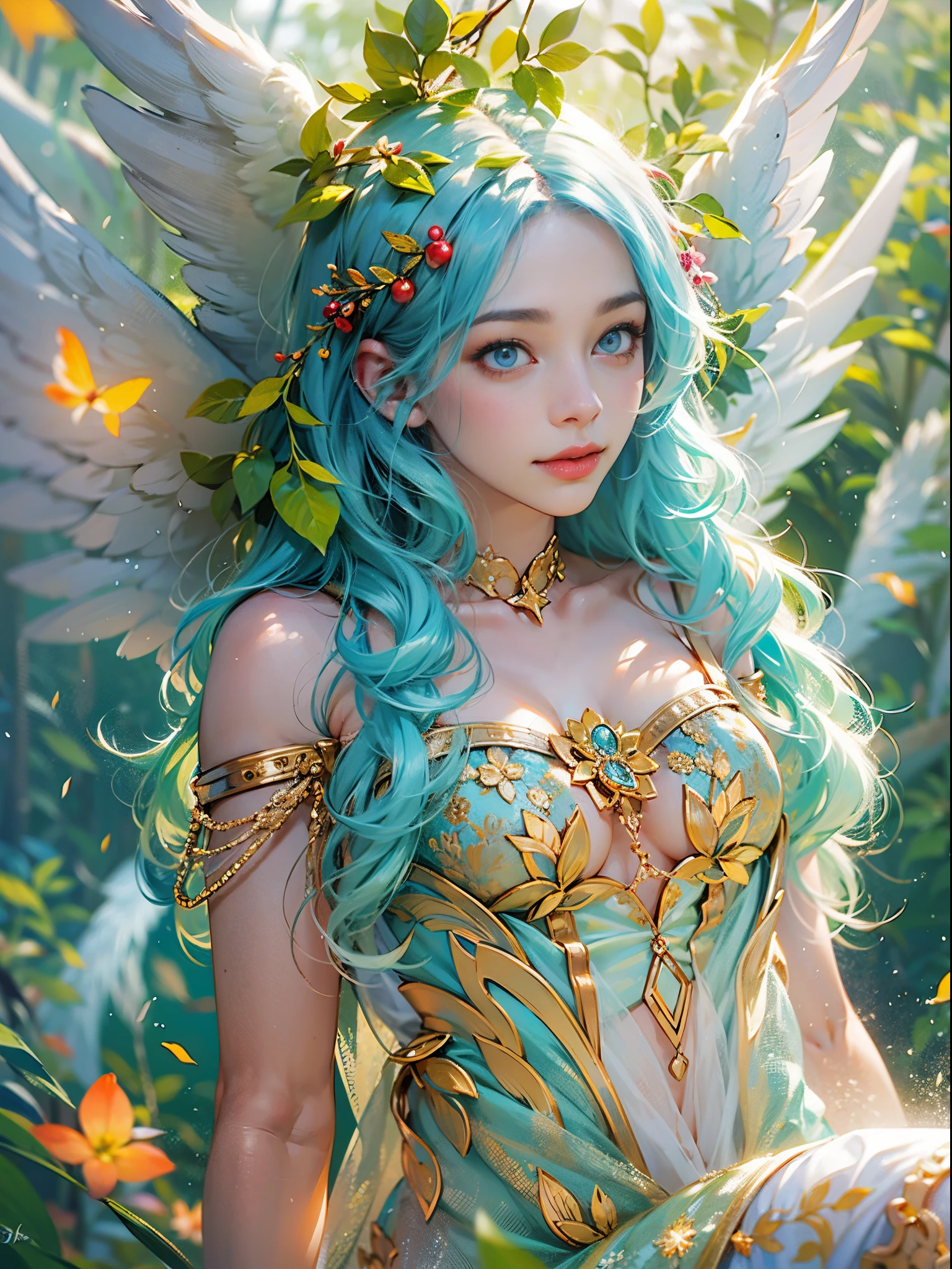 (((An angel descended from the sky)))、8K、An ultra-high picture quality、Ultra-realistic details、18year old、(Beautuful Women:1.4)、1 persons、Blue hair、Slender body、large udder、Loose see-through dress、off shoulders、Golden decoration、Background with、The sunlight filtering through the leaves of the deep forest shines through、Blur the background、