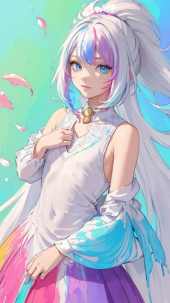 (Pink Fashion T-shirt:1.9),(Colorful hair: 1.8), (all the colours of the rainbow: 1.8),(((((vertical painting:1.6))), (painting:1.6),front, comics, illustrations, paintings, large eyes, crystal clear eyes,( rainbow color gradient high ponytail:1.7), exquisite makeup, closed mouth,(Small Fresh: 1.5),(Wipe Chest: 1.6) ,long eyelashes, white off shoulder T-shirt, White Shoulder Shirt,looking at the audience, large watery eyes, (rainbow colored hair:1.6), color splash, (solo:1.8), color splash, color explosion, thick paint style, messy lines, ((shining)),(colorful), (colorful), (colorful), colorful, Thick Paint Style, (Splash) (Color Splash), Vertical Painting, Upper Body, Paint Splash, Acrylic Pigment, Gradient, Paint, Highest Image Quality, Highest Quality, Masterpiece, Solo, Depth of Field, Face Paint, colorful clothes, (Elegant: 1.2), gorgeous,long hair, wind, (Elegant: 1.3), (Petals: 1.4),(((masterpiece))),(((best quality))),((ultra-detailed)),(illustration),(dynamic angle),((floating)),(paint),((disheveled hair)),(solo),(1girl) , (((detailed anima face))),((beautiful detailed face)),collar,bare shoulders,white hair, ((colorful hair)),((streaked hair)),beautiful detailed eyes,(Gradient color eyes),(((colorful eyes))),(((colorful background))),(((high saturation))),(((surrounded by colorful splashes))),