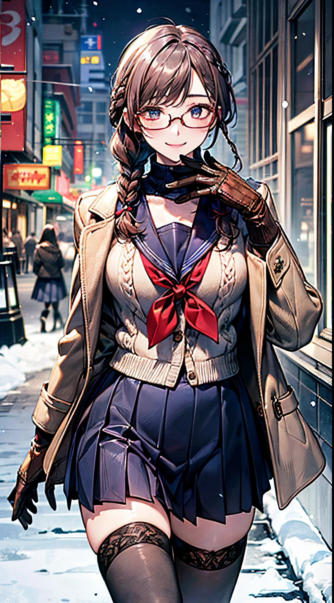 ((((, , perfect anatomy, super detailed skin)))), 1 girl, japanese, , shiny skin, large breasts:0.5, watching the view, (smile:1.5),
beautiful hair, beautiful face, beautiful detailed eyes, (middle hair:1.5, twin braid:1.7),
beautiful clavicle, beautiful body, beautiful chest, beautiful thigh, beautiful legs, babyface, , le under eye,
((winter clothes, navy school uniform, long sleeves, navy pleated skirt, sailor collar, light brown cardigan, black thigh-highs, red glasses,
((brown medium coat, muffler, knitted gloves)), extremely sexy, seductive thighs)), white panties,
(beautiful scenery), winter, evening, hokkaido, sapporo, outdoors, snow, snowfall:1.5, freezing weather, frost, walking, holding a phone,
(8k, top-quality, masterpiece:1.2, extremely detailed, , ), (photorealistic), beautiful illustration, cinematic lighting,