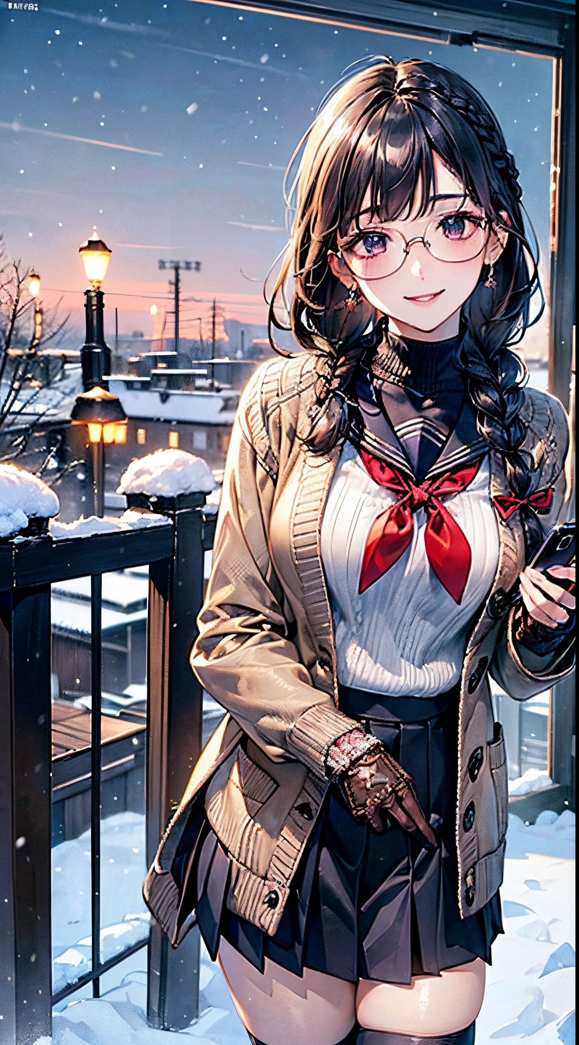 ((((, , perfect anatomy, super detailed skin)))), 1 girl, japanese, 14 years old, shiny skin, large breasts:0.5, watching the view, (smile:1.5),
beautiful hair, beautiful face, beautiful detailed eyes, (middle hair:1.5, twin braid:1.7),
beautiful clavicle, beautiful body, beautiful chest, beautiful thigh, beautiful legs, babyface, , , mole under eye,
((winter clothes, navy school uniform, long sleeves, navy pleated skirt, sailor collar, light brown cardigan, black thigh-highs, red glasses,
((brown medium coat, muffler, knitted gloves)), extremely sexy, seductive thighs)), white panties,
(beautiful scenery), winter, evening, hokkaido, sapporo, outdoors, snow, snowfall:1.5, freezing weather, frost, walking, holding a phone,
(8k, top-quality, masterpiece:1.2, extremely detailed, , ), (photorealistic), beautiful illustration, cinematic lighting,
