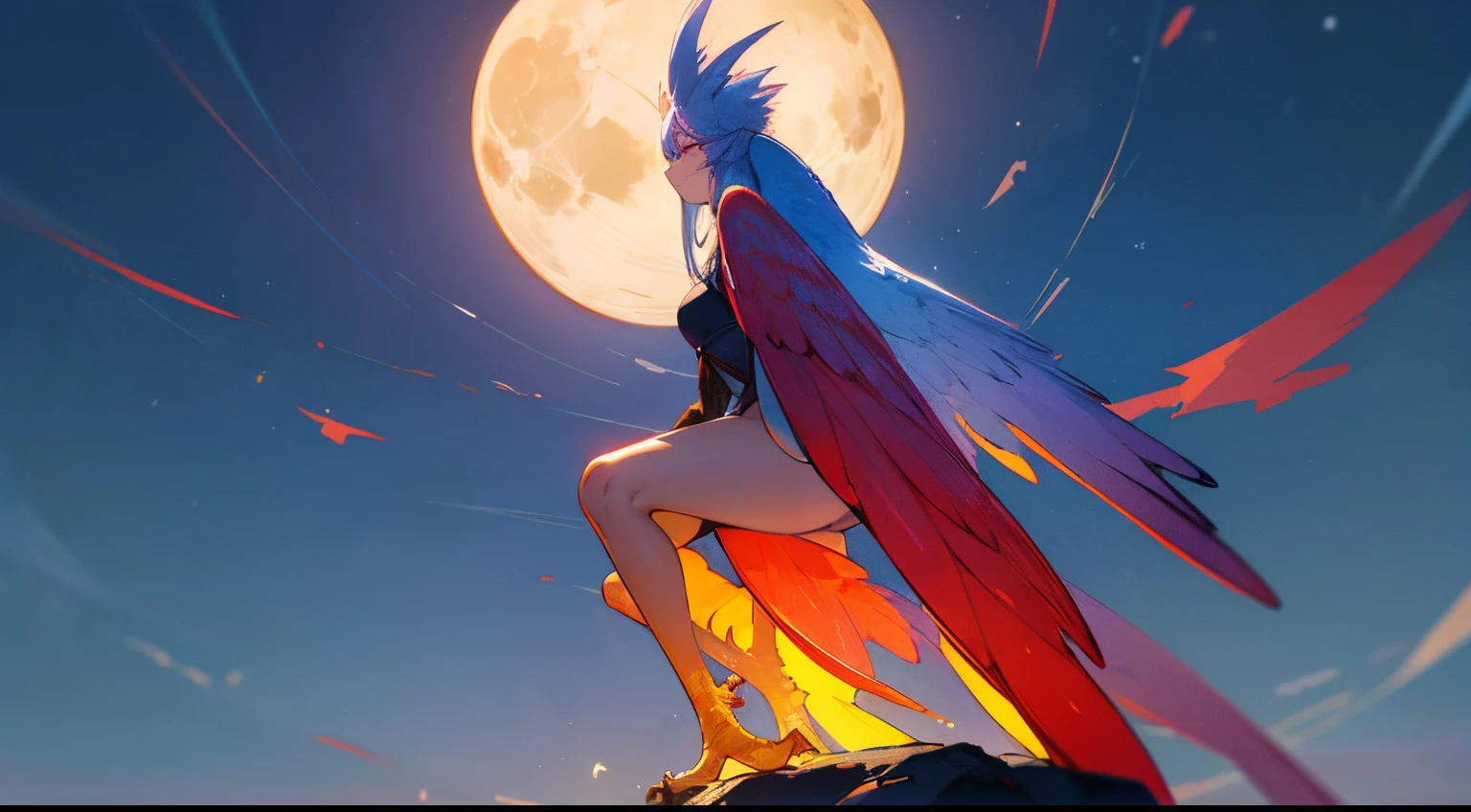 ​masterpiece、top-quality、hight resolution、8K、1beautiful girl、Wide Angle、from distance、full body Esbian、front view、Harpy Girl、Harpy、long wings larger than the body、Spread white wings、Its wings grow and it approaches the viewer..、natta、sitting on a small rock、You can&#39;t see the face in the silhouette、Only the eyes glow red、Looks like a silhouette because of the moon.&#39;Back lighting.、Mystical、Fantastical、
