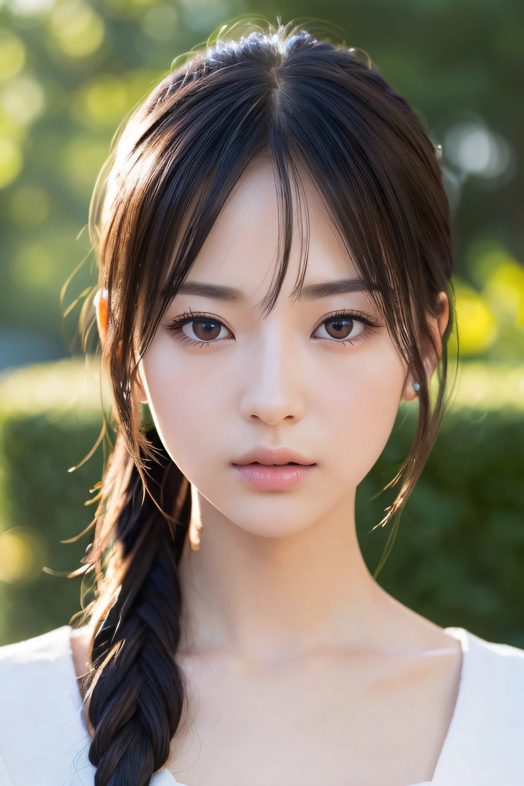 Create and express the best shining composition of the person in a realistic way。((​masterpiece))、(((top-quality)))、((ultra-detailliert))、(A hyper-realistic)、(highly detailed CGillustration)、(extremely delicate and beautiful)、Girl a masterpiece、top-quality、Realistic skin feeling、Realistic fabric、We will introduce a realist illustration focusing on the center front of girls with realistic and ultra-detailed eyes.。This is the absolute rule, and the following sentence expresses the image quality。 The greatest painter in human history meets an unparalleled beauty、It is the greatest masterpiece in the history of the Inuiku Ichigo, which depicts the most beautiful figure of a lifetime.。 Create stunning anime artwork that is currently trending on seaStation、Introducing exquisite beauty and  aesthetics。Hair is tied up、校服、The background is outdoors、