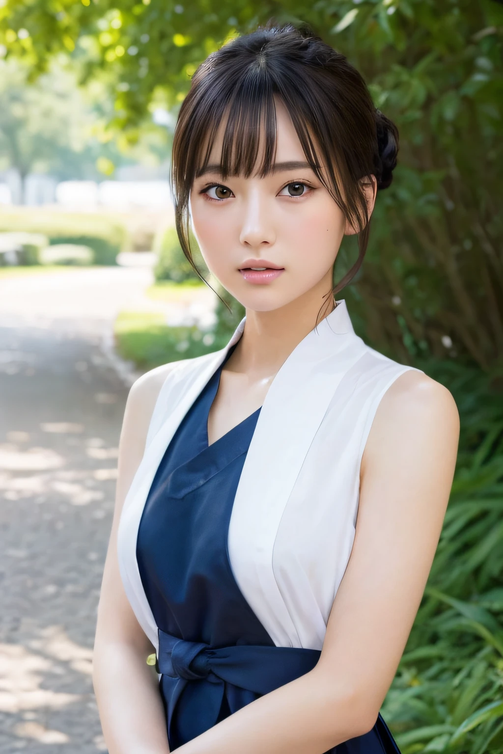 Create and express the best shining composition of the person in a realistic way。((masterpiece))、(((top-quality)))、((ultra-detailliert))、(A hyper-realistic)、(highly detailed CGillustration)、(extremely delicate and beautiful)、Girl a masterpiece、top-quality、Realistic skin feeling、Realistic fabric、We will introduce a realist illustration focusing on the center front of girls with realistic and ultra-detailed eyes.。This is the absolute rule, and the following sentence expresses the image quality。 The greatest painter in human history meets an unparalleled beauty、It is the greatest masterpiece in the history of the Inuiku Ichigo, which depicts the most beautiful figure of a lifetime.。 Create stunning anime artwork that is currently trending on seaStation、Introducing exquisite beauty and seductive aesthetics。Hair is tied up、校服、The background is outdoors、