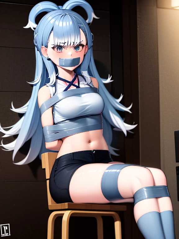 masterpiece, best quality, absurdres, perfect anatomy, 1girl, solo, KoboKanaeru, earrings, ear piercing, stylish outfit, shorts, tank top, night, alley, neon lights, confident stance,classroom,chair,tape bondage, arm behind back, tape gag,sitting, bondage,tape blindfold