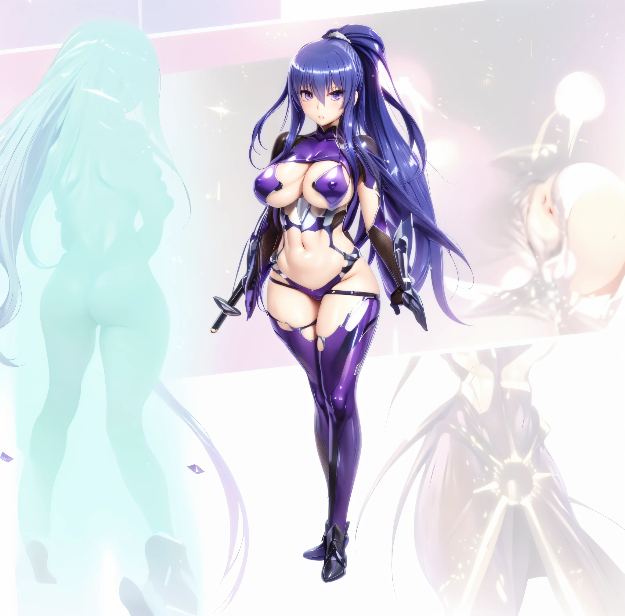 （akiyama rinko、Slender woman）, Purple transparent bodysuit with emphasis on body lines, Female Solo, Full body bodysuit, Sit on a sparkling pink pipe, Mechanical chair, Plump breasts, exposed lower chest, torpedo tits, Hart Nipples, Blue-purple hair, Ponytail, The long-haired, straight haired, Tattoo of the lower abdomen, show the grinps, Evil look, Eyes glow purple, Taimanin suit, A black mask covering the eyes, shout out,