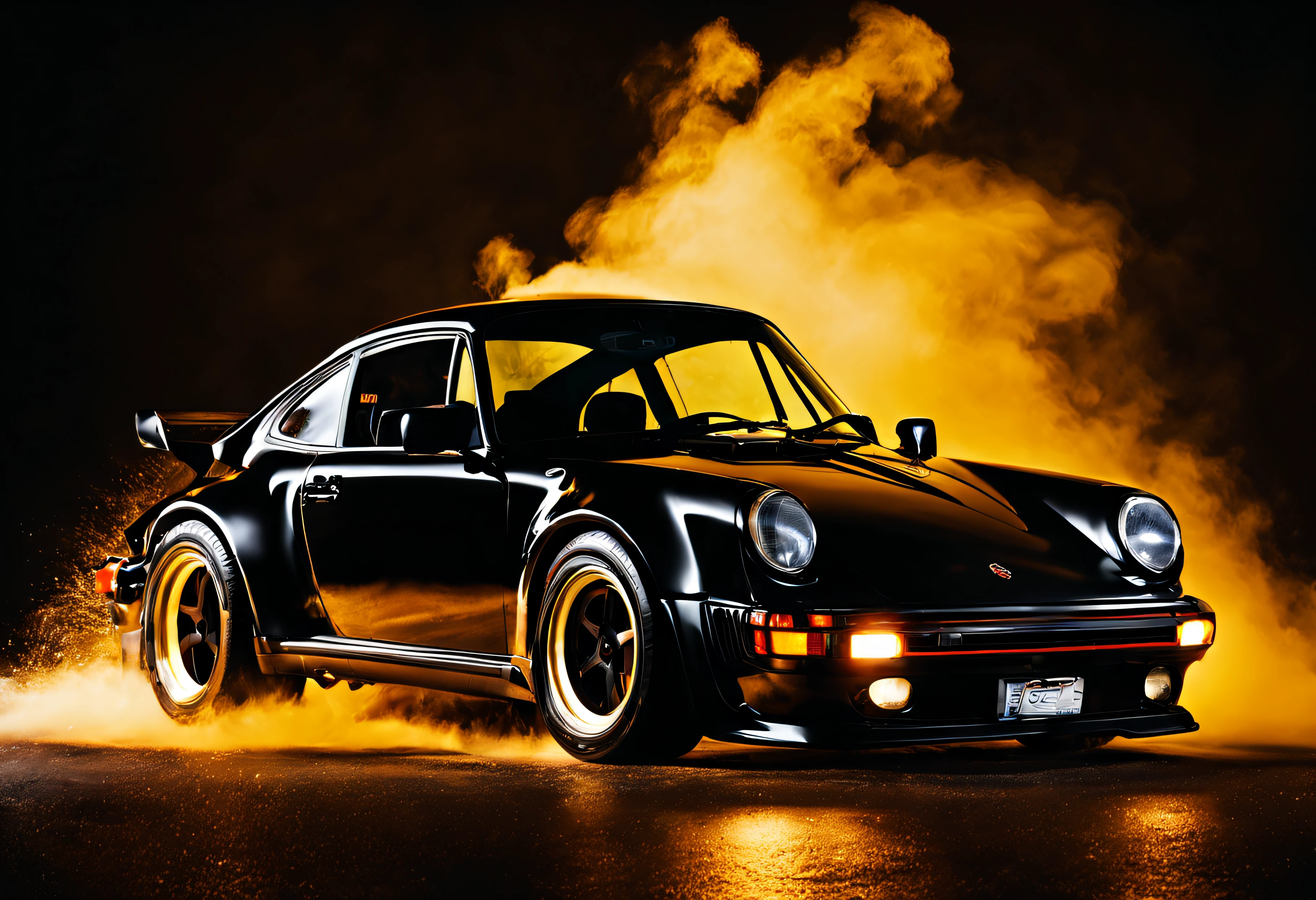 Porsche 930 Turbo, black background, paint exploding in the background