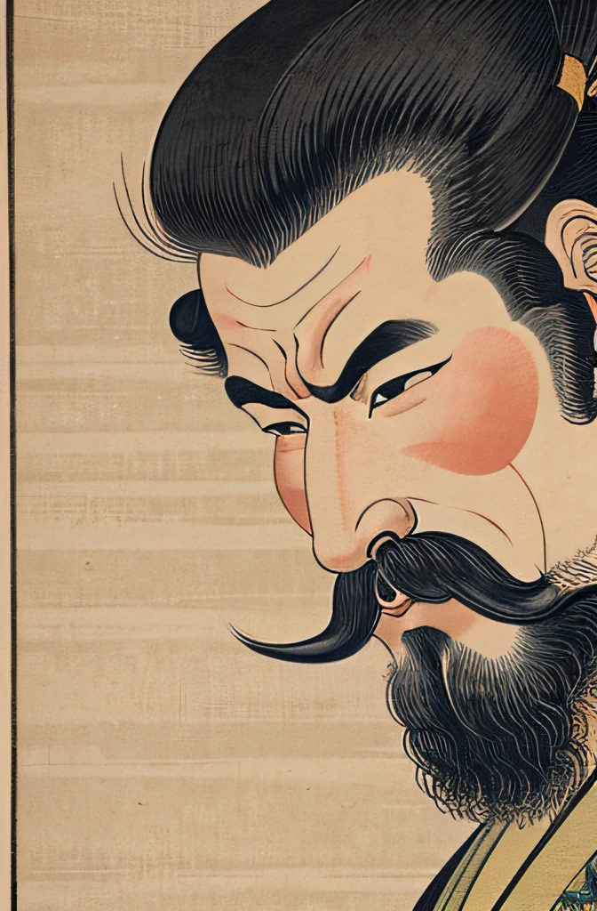 best quality, a ukiyo-e of man, in Hokusai Katsushika, front face, no background, smoke, scroll