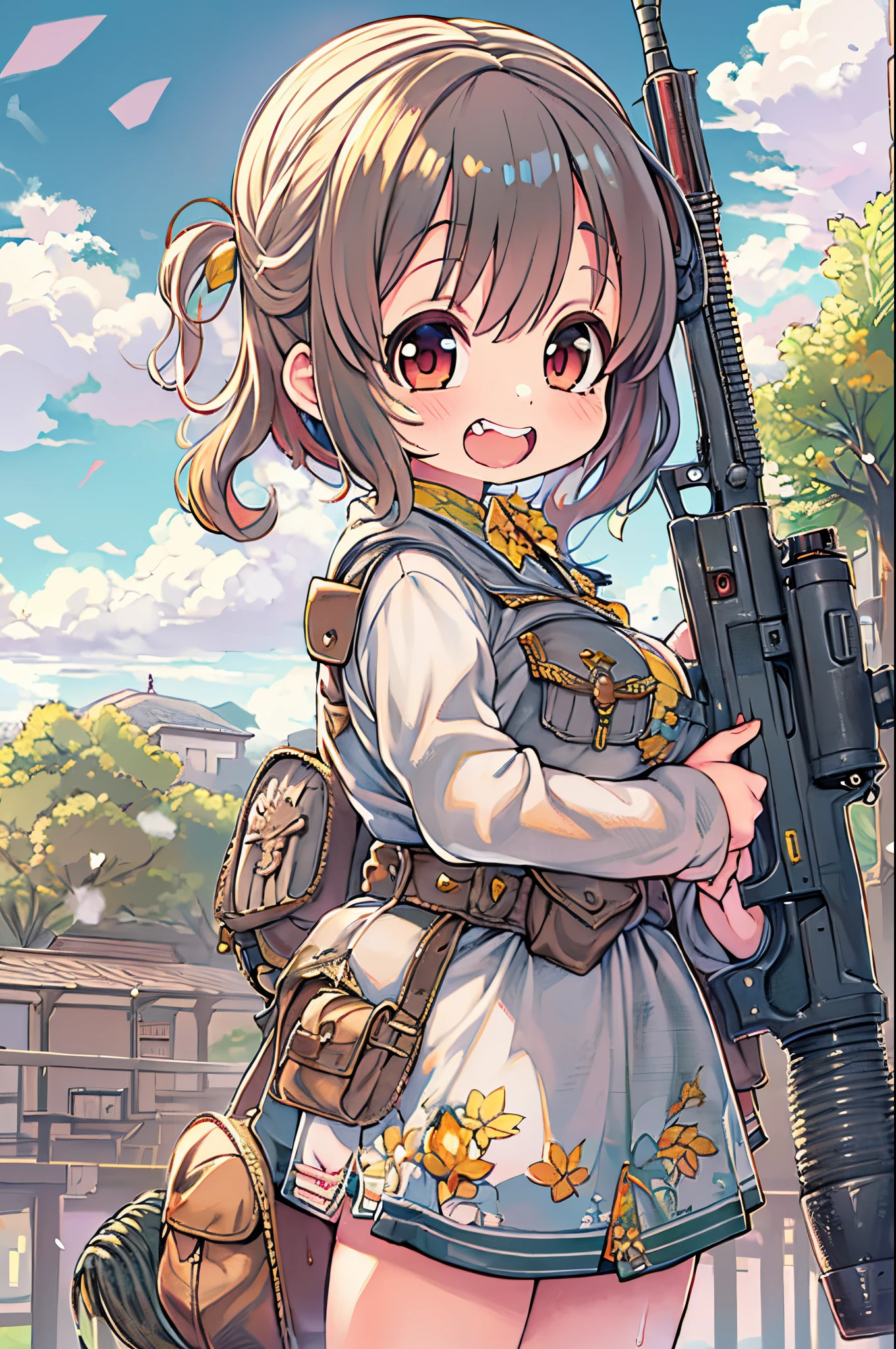 huge-breasted、kawaii、8 years old girl、A huge smile on my face,Chibi, beautiful anime scene, Anime landscapes, Anime Background, Beautiful anime scenery, Beautiful peace scenes in anime, Huge assault rifle