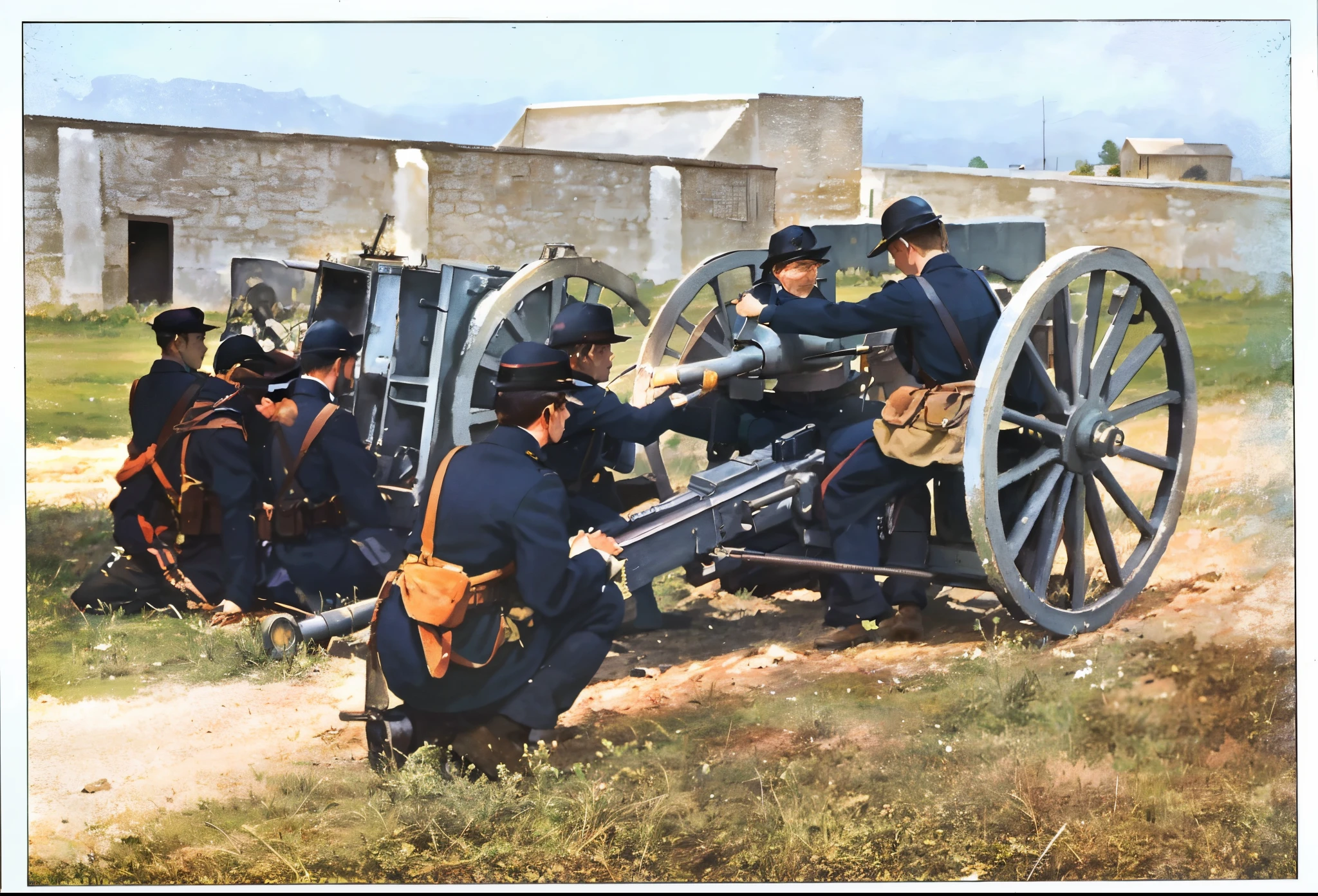 soldiers are sitting around a cannon on a field, colorized photograph, colourized, artillery, colourised, colorized photo, colorized, photo in color, vintage color photo, under artillery fire, colour photograph, 1866, cannon photo, a colorized photo, old color photograph, colorized 1 9 0 4 photo, [ colourful, colour photo