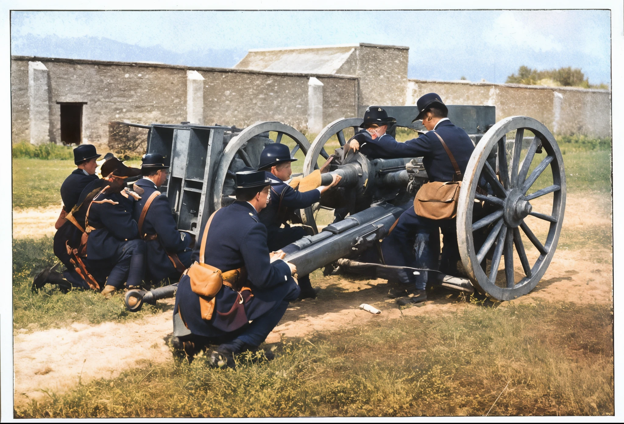 soldiers are sitting around a cannon on a field, colorized photograph, colourized, artillery, colorized, [ colourful, colorized photo, 1866, colourised, color illustration, a colorized photo, colorized 1 9 0 4 photo, double barreled main gun, 1863, 1 8 6 9, [ digital art, 1865