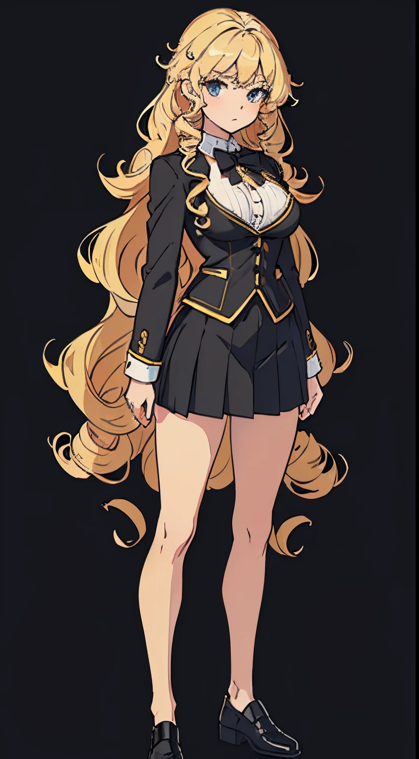 Perfect proportion,perfect body, masterpiece, high quality, high details, (blonde hair), (1woman), full body, ((curl hair)), idle pose,black  school uniform. Tall, all black background. Mid boobies.