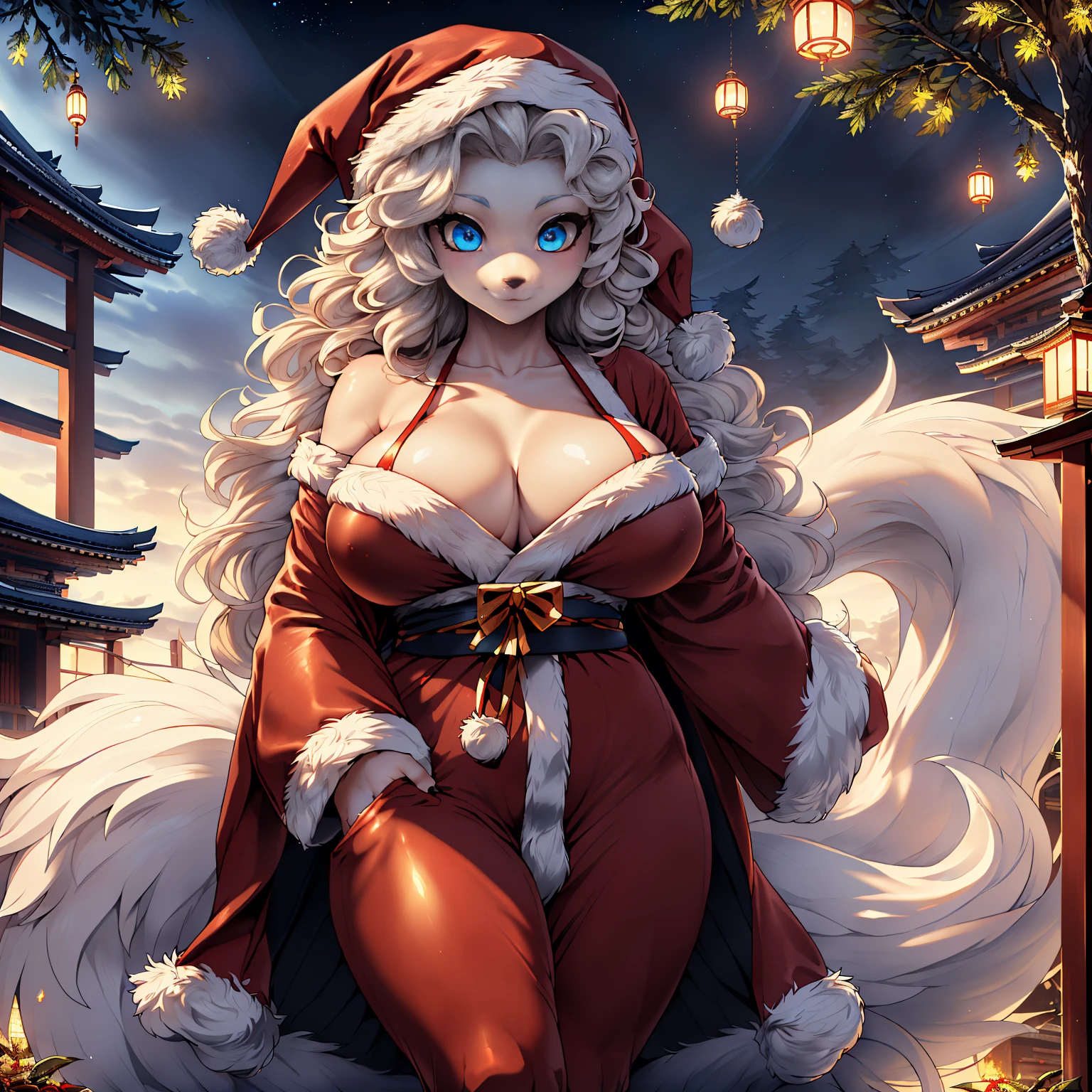 1girl (((Made by Complextree))), (Alolan Ninetales), ((solo)), ((big and firm breasts, antrum, extremely detailed, extremely detailed legs, extremely detailed arms, extremely detailed face, perfectly detailed eyes,perfectly detailed anatomy, Curly hair, Wearing  a Sexy Santa Claus Cosplay, Japanese Temple))