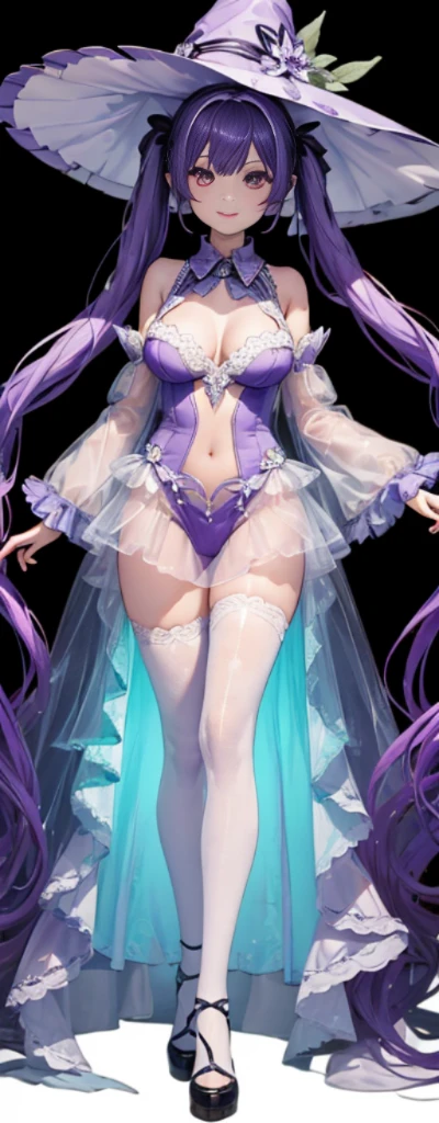 (Full body photo:1.4),Fluorescent background,(1 Witch,Flash fluorescence,Hats,see through tulle tang suit,Delicate headgear,ssmile),(paper art,Quilted paper art,geometry),(Lots of colors,Best quality,high detal,tmasterpiece,movie light effect,4K,lightand shade contrast),Transparent tulle clothes,pigtails,Purple knee-length socks,luminous totem,Purple-eyed,Purple hair and big breasts,pigtails,