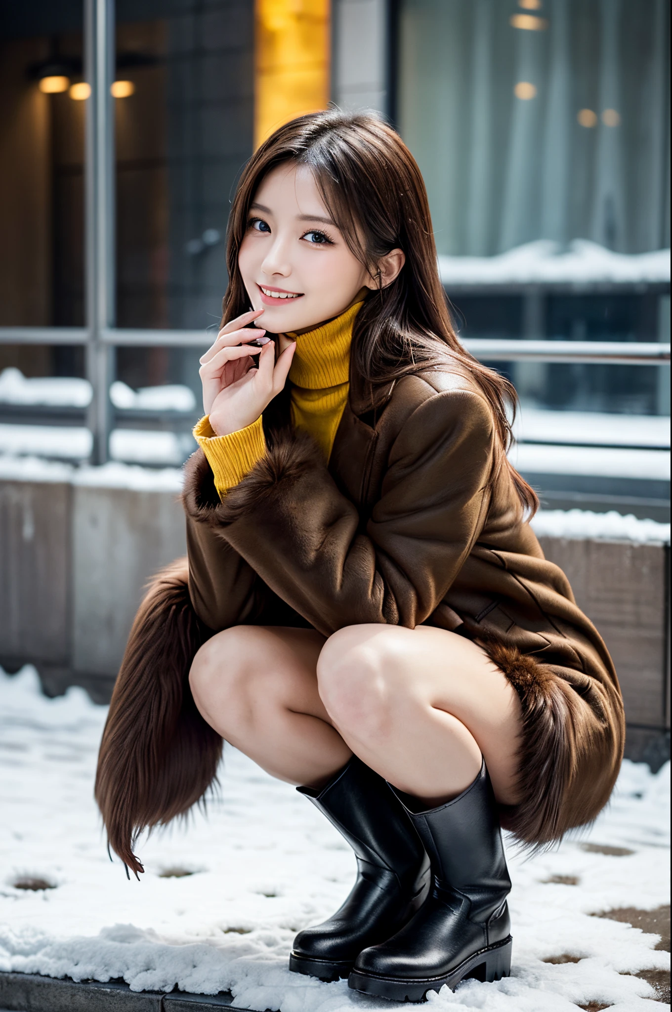 (masutepiece:1.3, Photorealsitic:1.4, 8K), top-quality, masterpiece, 超A high resolution, Perfect dynamic composition, Highly detailed skin and facial texture:1.3, A detailed eye, Detailed limbs, Snow flutters:1.2, Street corner in snowy country:1.2, 1girl in, Cute sexy 22 year old slim woman, Fair skin, tilt the neck, ((voluptuous breasts:0.9), ((A smile:0.9, Totally captivates you:1.1)), (wearing a fluffy brown fur coat:1.3), (Wearing a yellow long-sleeved turtleneck sweater:1.1), (Facing the front, Squat with your knees bent), (Black short skirt, panthyhose, long boots), (Beautiful blue eyes, Eyes that feel beautiful eros:0.85), Sexy face:0.4, (A mouthfeel that feels beautiful eros:0.85), ((Too erotic:0.9))
