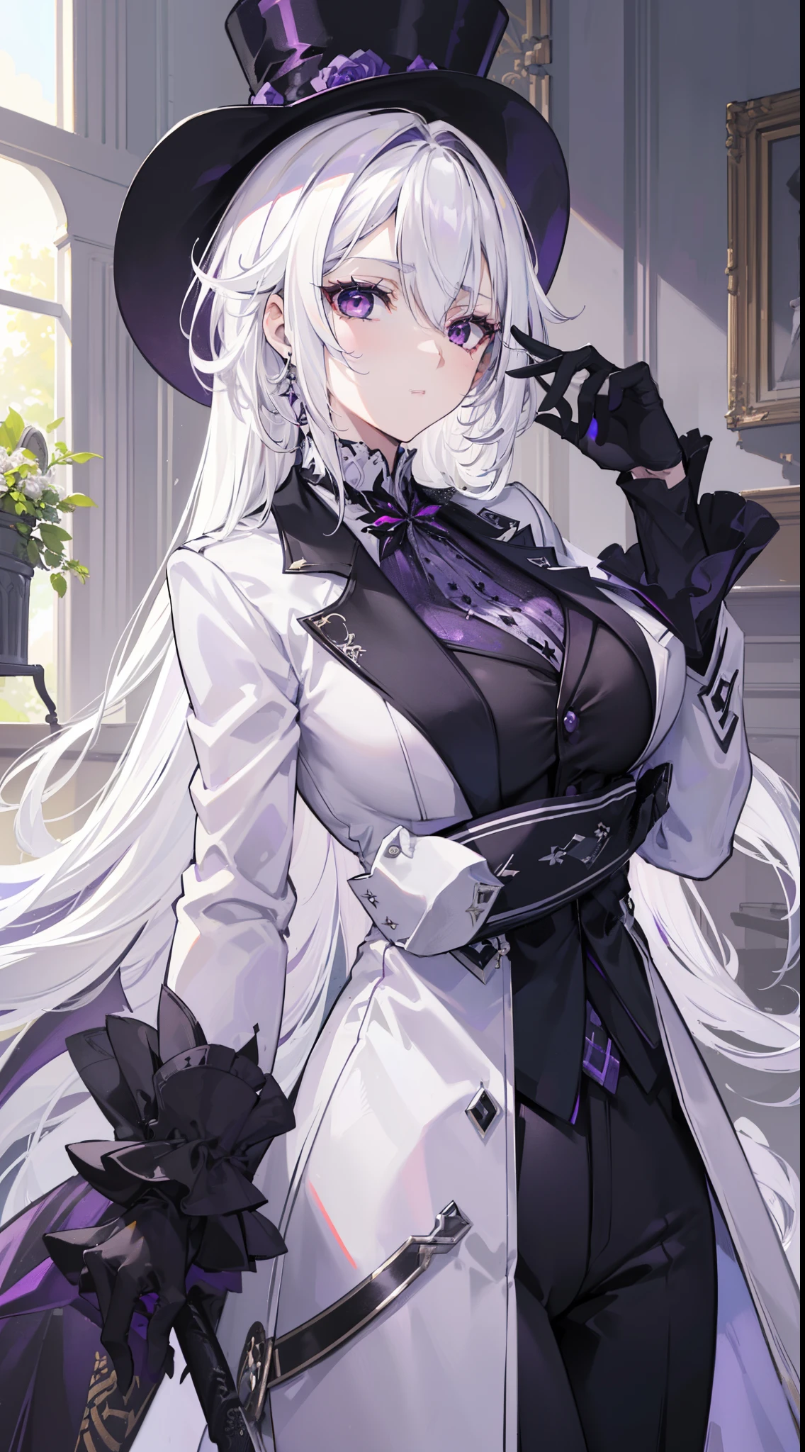 (masterpiece, best quality:1.2), illustration, 8k, hd, 1girl, solo, (((white hair, purple eyes,))) black coat, large breasts, black pants, indoors, arle suit, serious expression, tall, mature, elegant, black gloves, top hat, black headwear, upper body, from front,