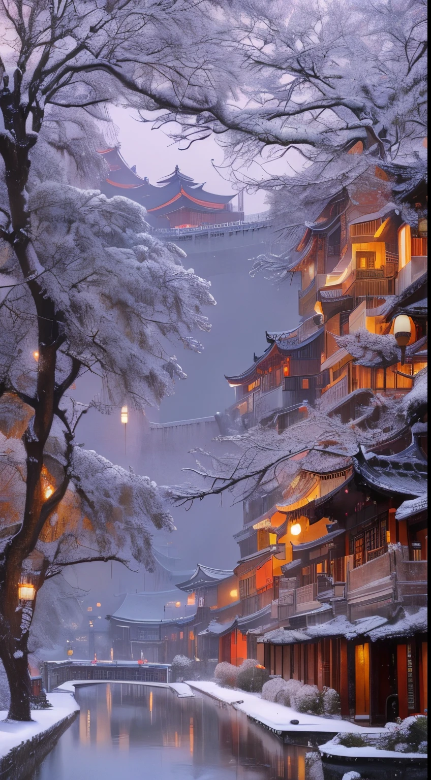 Arafad view of a canal in a snowy city with a bridge, Dream China Town, beautiful anime scenes, beautiful wallpaper, The beautiful!!, snow glow, Snowy winter, Cold but beautiful, author：Yang Borun, breath-taking beautiful trees, breath-taking beautiful trees, Chinese Ancient Architecture, China Village, beautiful cityscape