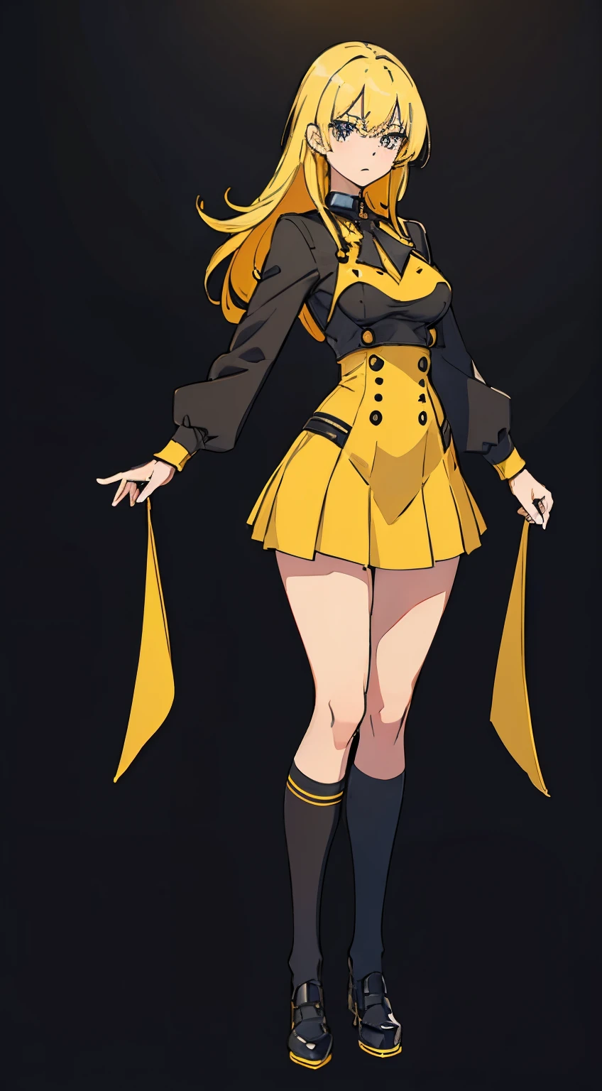 Perfect proportion,perfect body, masterpiece, high quality, high details, (yellow hair), (1woman), full body, ((medium hair)), idle pose,black school uniform. Tall, all black background. Mid boobies.