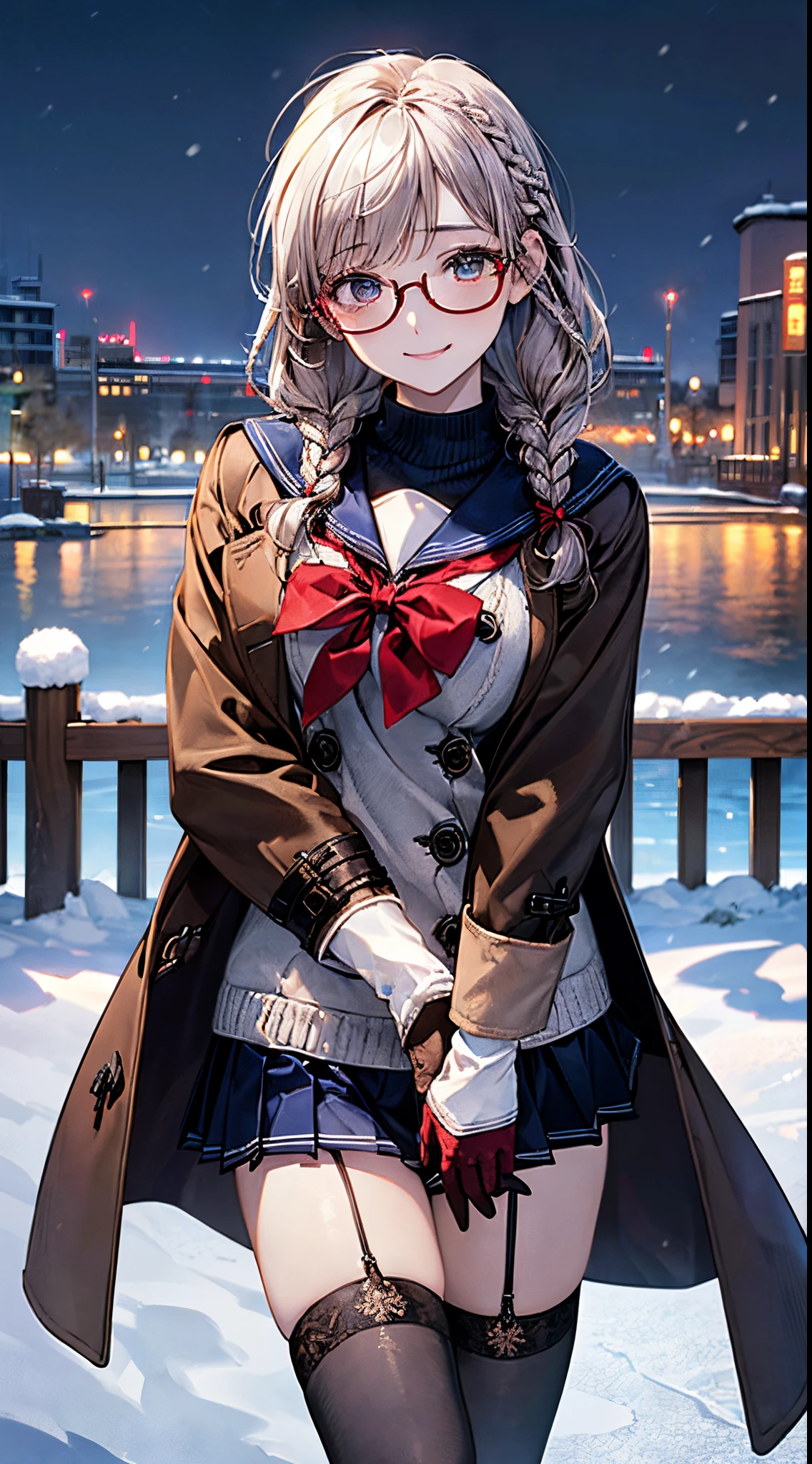 ((((, , perfect ???????, super detailed skin)))), 1 girl, japanese, 14 years old, shiny skin, large breasts:0.5, watching the view, (smile:1.5),
beautiful hair, beautiful face, beautiful detailed eyes, (middle hair:1.5, twin braid:1.7),
beautiful clavicle, beautiful body, beautiful chest, beautiful thigh, beautiful legs, babyface, , , mole under eye,
((winter clothes, navy school uniform, long sleeves, navy pleated skirt, sailor collar, , black thigh-highs, red glasses,
((brown medium coat, muffler, knitted gloves)), extremely sexy, seductive thighs)), white panties,
(beautiful scenery), winter, evening, hokkaido, sapporo, outdoors, snow, snowfall:1.5, freezing weather, frost, walking, holding a phone,
(8k, top-quality, masterpiece:1.2, extremely detailed, , ), (photorealistic), beautiful illustration, cinematic lighting,