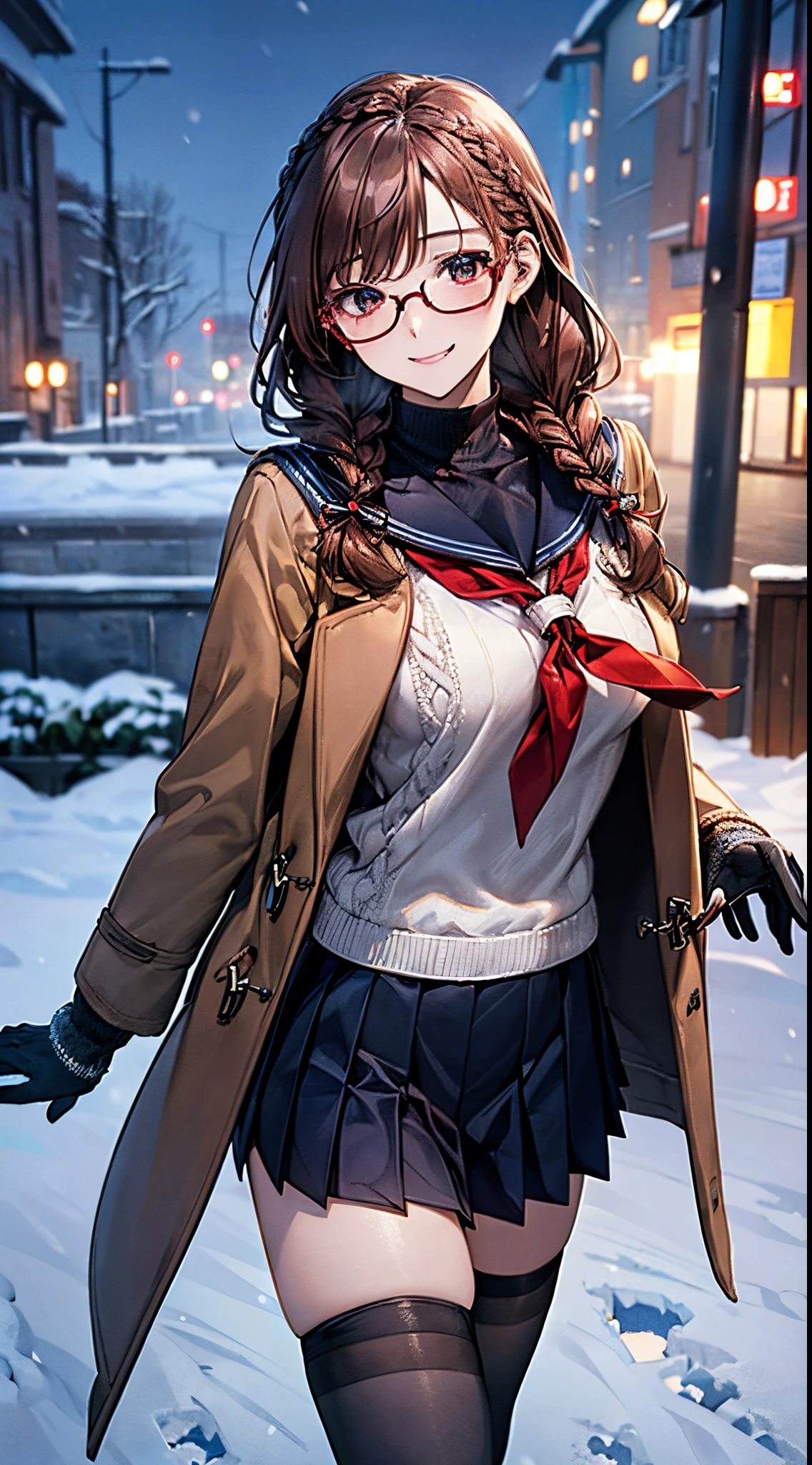 ((((, , perfect anatomy, super detailed skin)))), 1 girl, japanese, , shiny skin, large breasts:0.5, watching the view, (smile:1.5),
beautiful hair, beautiful face, beautiful detailed eyes, (middle hair:1.5, twin braid:1.7),
beautiful clavicle, beautiful body, beautiful chest, beautiful thigh, beautiful legs, babyface, , , mole under eye,
((winter clothes, navy school uniform, long sleeves, navy pleated skirt, sailor collar, , black thigh-highs, red glasses,
((brown medium coat, muffler, knitted gloves)), extremely sexy, seductive thighs)), white panties,
(beautiful scenery), winter, evening, hokkaido, sapporo, outdoors, snow, snowfall:1.5, freezing weather, frost, walking, holding a phone,
(8k, top-quality, masterpiece:1.2, extremely detailed, , ), (photorealistic), beautiful illustration, cinematic lighting,