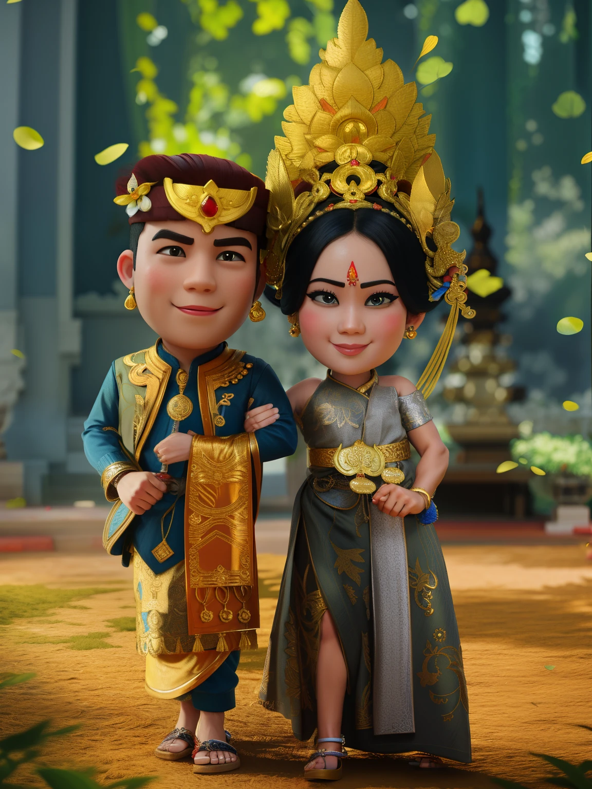 there are two people dressed in traditional Bali wedding, costumes standing together, medium poly, couple, barong family, wedding, portrait shot, detailed portrait, happy couple, fanart, lovely couple, traditional, asian, for hire 3d artist, barong family member, official illustration, inspired by Rudy Siswanto, couple portrait, bali, classic portrait, portrait, cartoon art