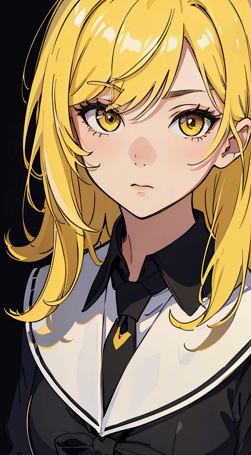 Perfect proportion, masterpiece, high quality, high details, (yellow hair), (1woman), ((medium hair)),black  school uniform. all black background. Close up to face. Face datails.