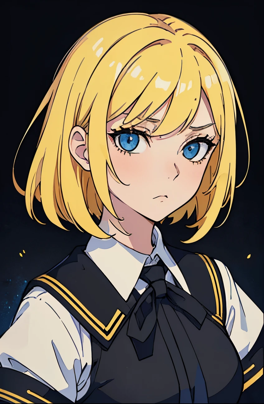 Perfect proportion, masterpiece, high quality, high details, (yellow hair), blue eyes,(1woman), ((medium hair)),black  school uniform. all black background. Close up to face. Face datails. Tsundere