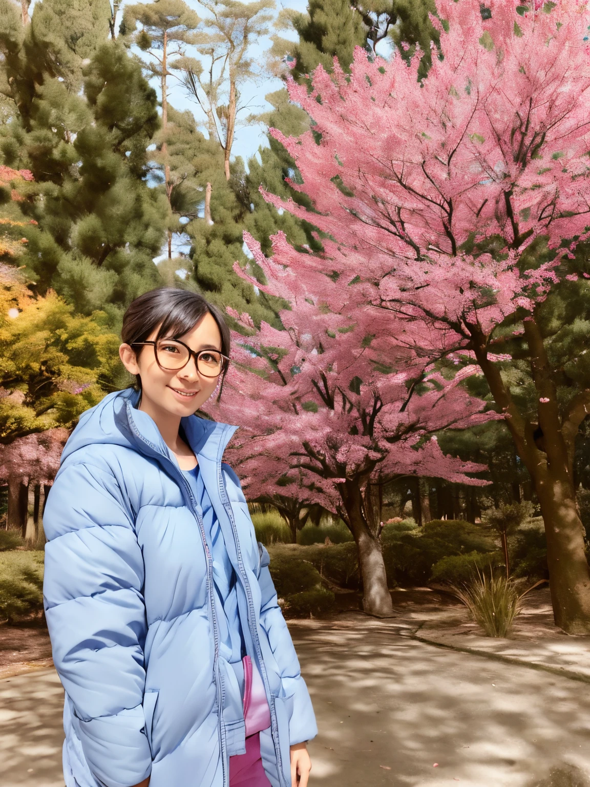 wearing blue jacket、Arafad woman wearing glasses stands in front of a pink tree, In the pink forest, in front of a forest background, Middle Metaverse, standing in a botanical garden, There are Matsu pine trees, cherry tree in the background, autumn period, There is a tree in the background, in karuizawa