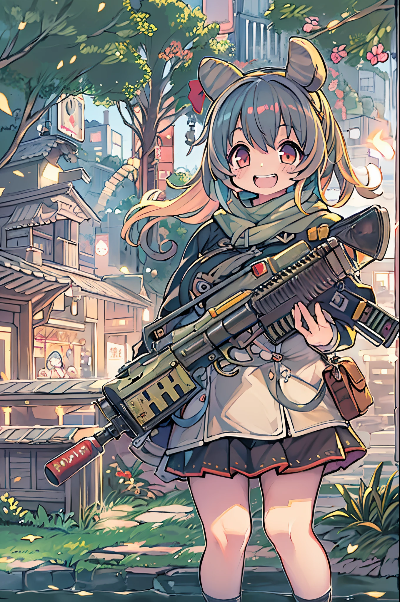 huge-breasted、kawaii、8 girl、A huge smile on my face,Chibi, beautiful anime scene, Anime landscapes, Anime Background, Beautiful anime scenery, Beautiful peace scenes in anime, Huge assault rifle